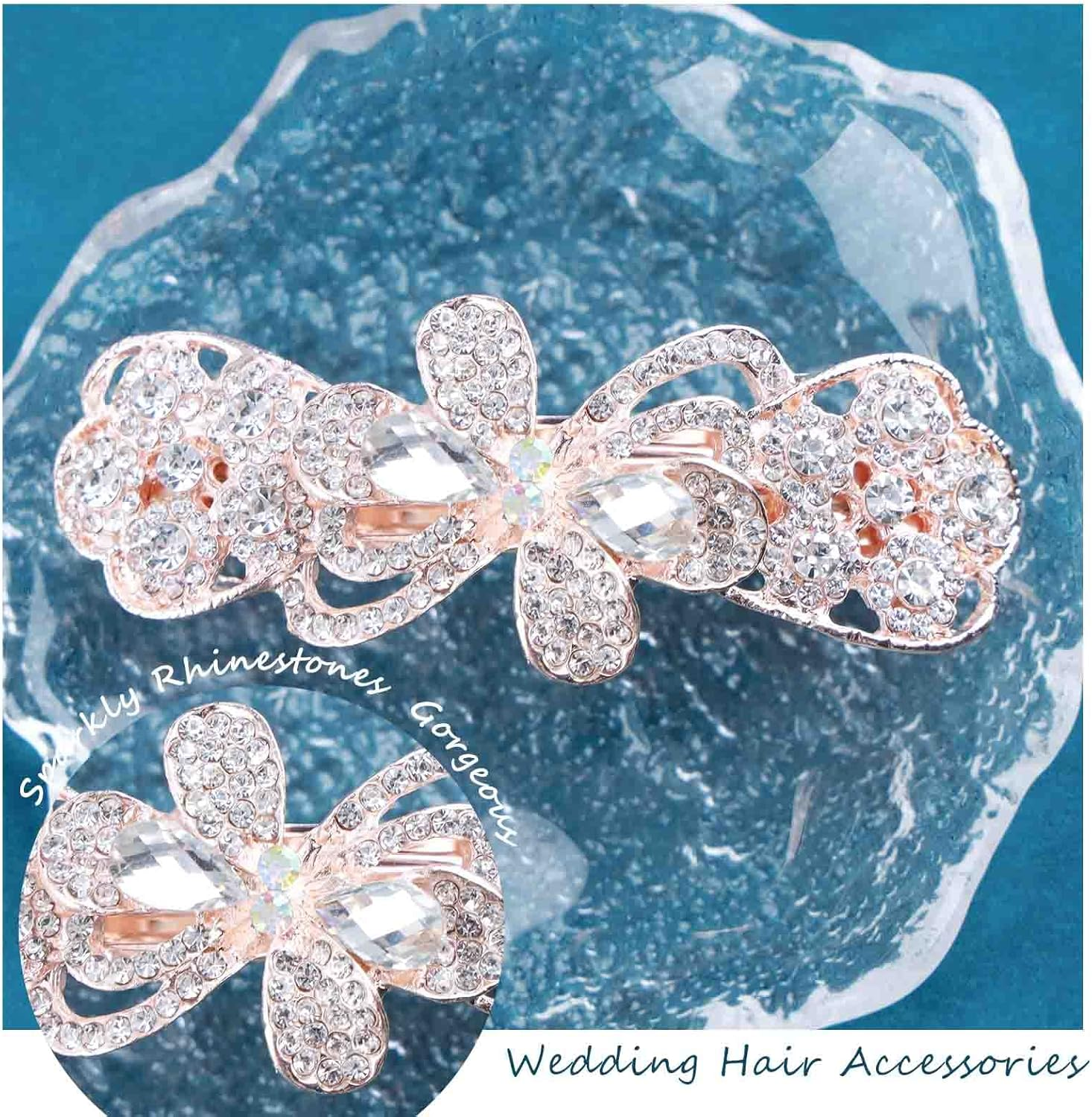 Tseenyi Rhinestone Wedding Hair Clip Bow Crystal Hair Clip Sparkling Bridal Rhinestone Decorative Headwear Crystal Hair Clip Hair Accessories Women and Girls (Gold with Champagne) image number 5