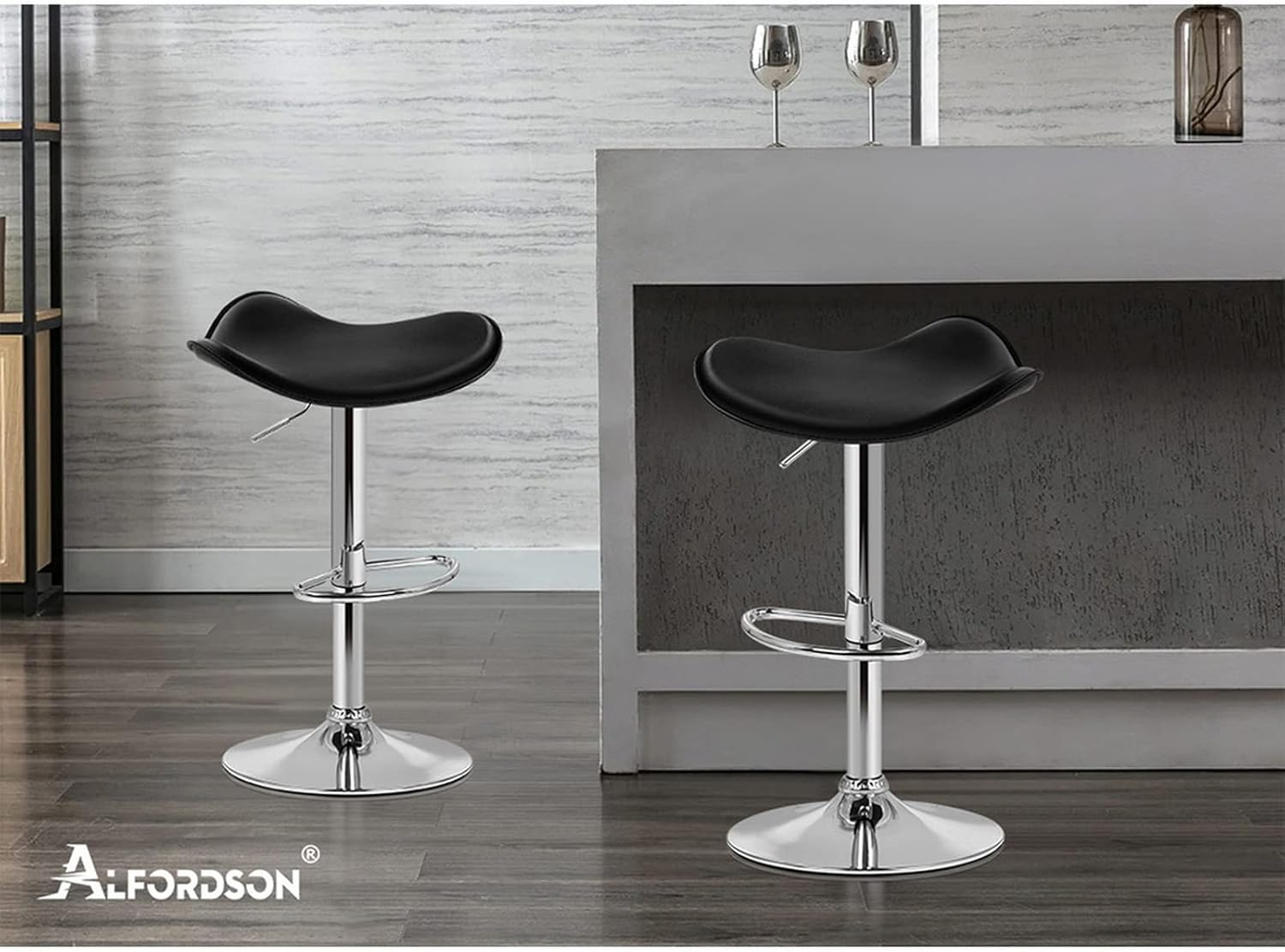 ALFORDSON 2Pcs Bar Stool PU Leather Kitchen Barstools with Swivel Backless Seat in 54-74.5Cm Adjustable Height Counter Dining Chairs with Footrest & Floor Protector (Portia Black) - 2 X Portia Black image number 4