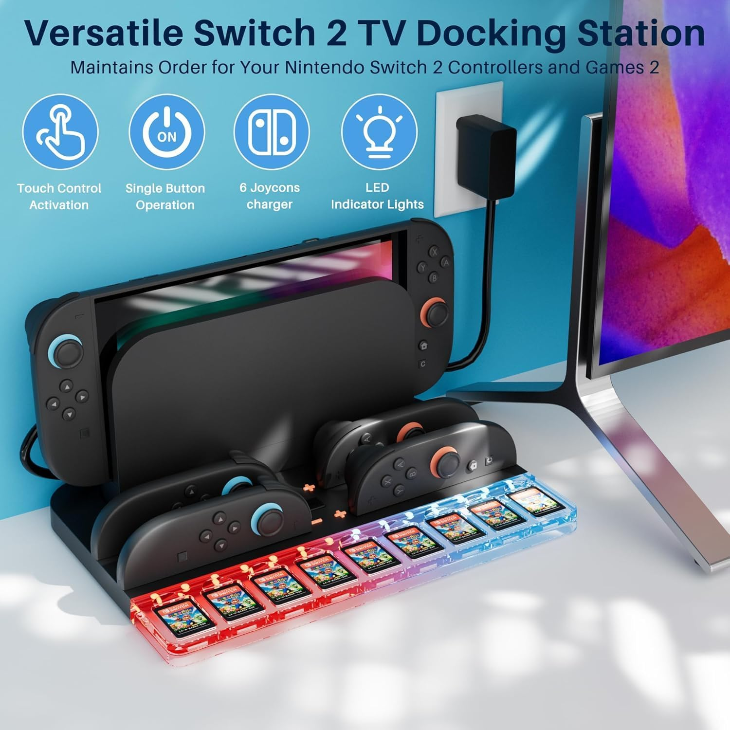 ZONEY Charging Dock Station for Nintendo Switch 2 Joy Con, 4 Controllers RGB Light Fast Charger Stand Station, with 9 Game Card Storage Stand, Black image number 4