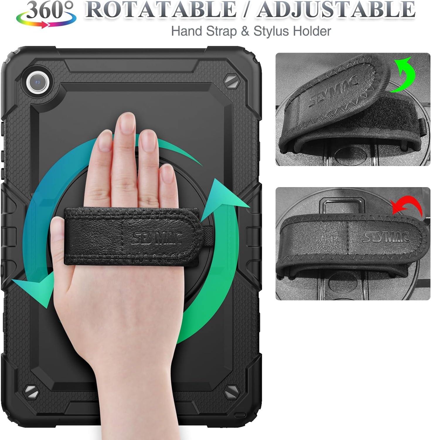 SEYMAC Stock 360&deg; Hand Strap/Stand Protective Case for Samsung Galaxy Tab A9 plus 11 Inch, Black+Black