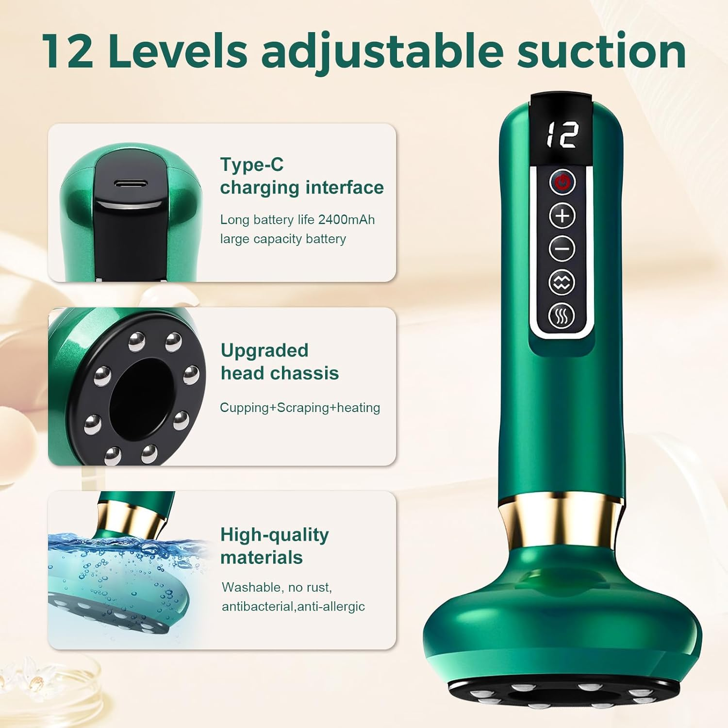 12 Level Electric Cupping Smart Scraping Massager Heating Guasha Massage (12-Speed Green) - 12-Speed Green image number 3