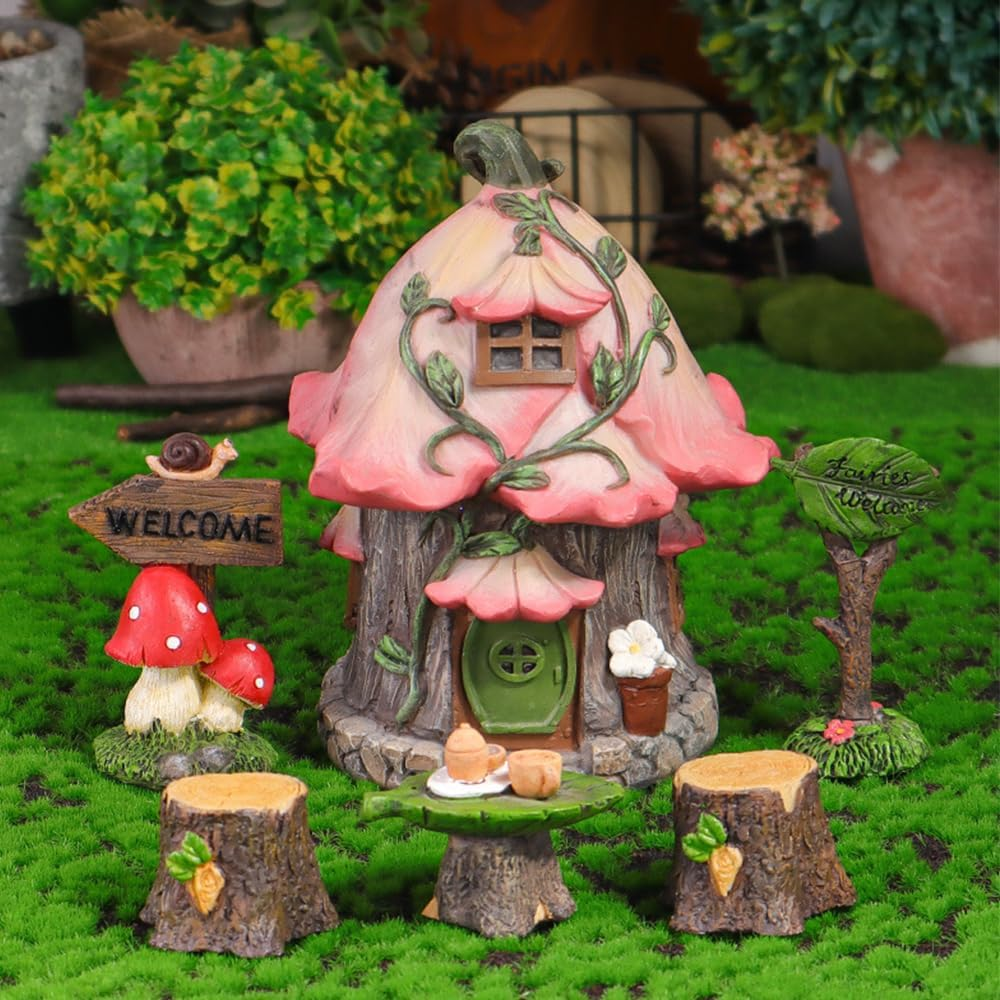Fairy Garden Outdoor Statues Trees Decoration,Resins Miniature Fairy House Decorations,Exquisite Garden Cottage Figurines, House Patio Lawn Ornament Accessory image number 2