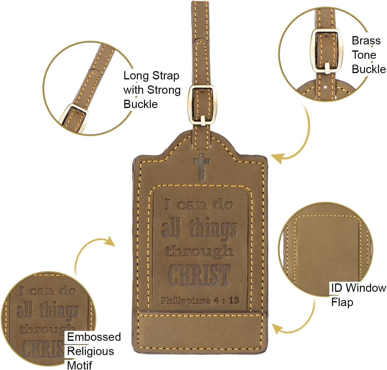 Sovereign-Gear - Two Brown Leather Luggage Tags 'Philippians 4:13' with Leather Airtag Holder Combo - Genuine Leathers Luggage Tag for Suitcases - Secure, Stylish & Durable Travel Accessory image number 6