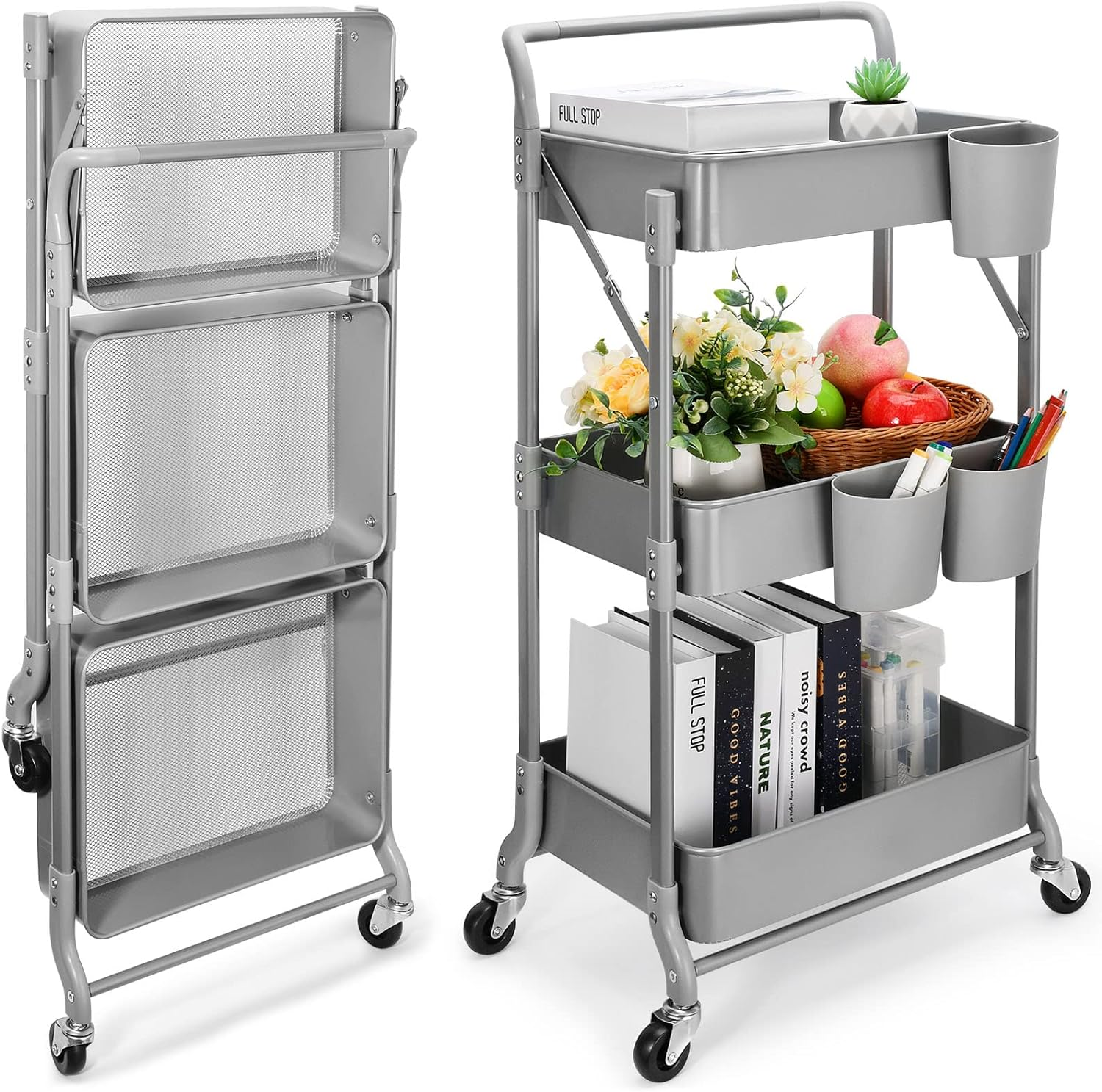 Johgee Foldable 3 Tier Metal Utility Rolling Cart, Folding Mobile Multi-Function Storage Trolley Organizer Cart for Home Library Office(White)