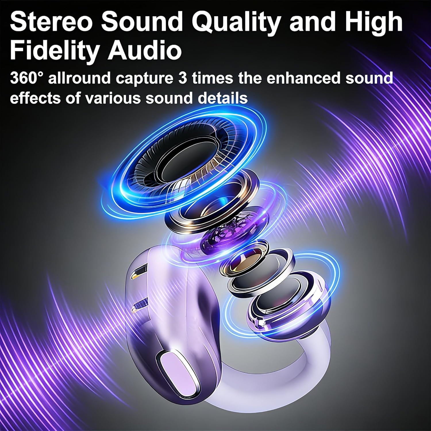 Wireless Open-Ear Earbuds - ENC Noise Cancellation & IPX5. Ergonomic 50H Battery, Design for Small Ears & Glasses (Purple Taro) image number 4