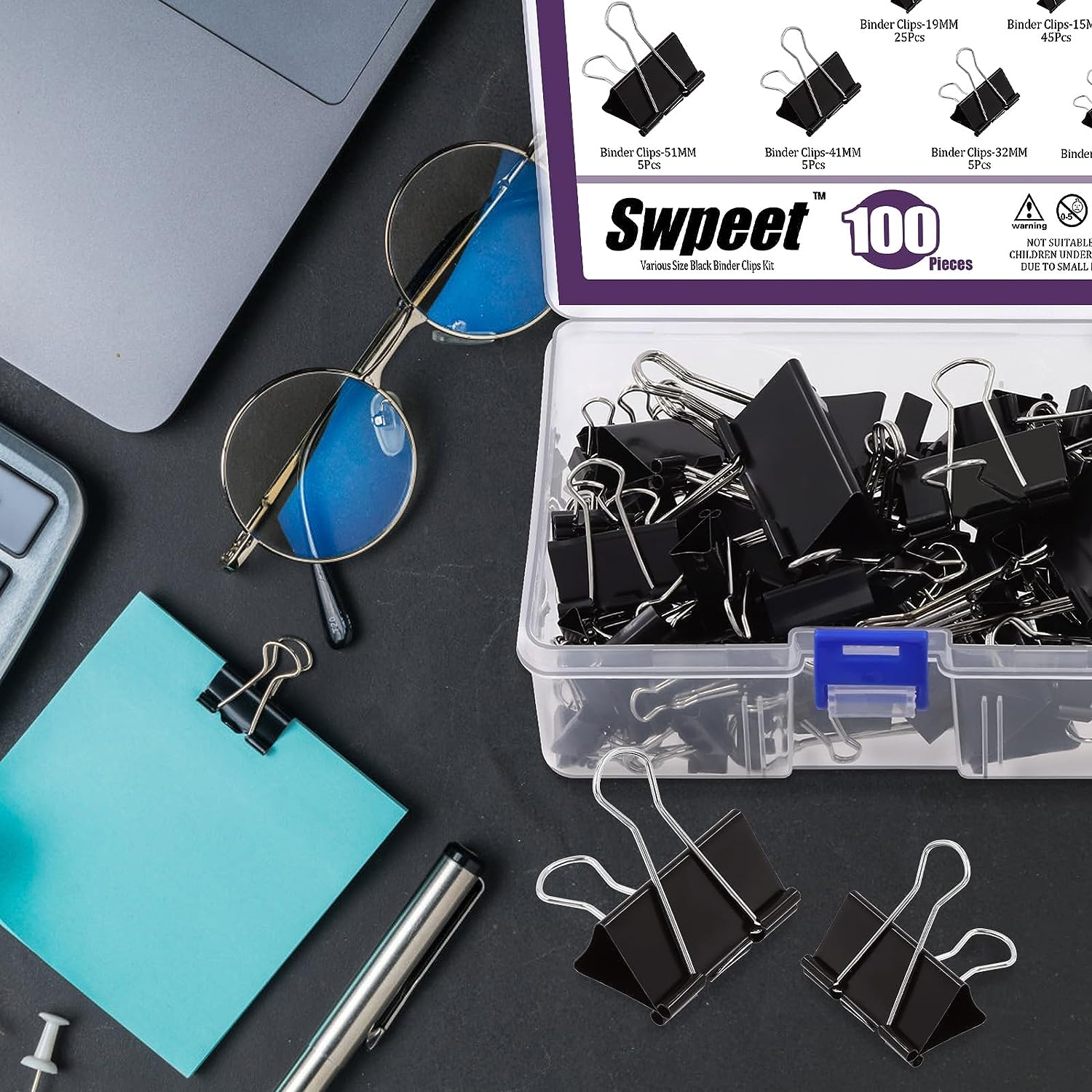 Swpeet 100Pcs Metal Black Binder Clips, Paper Clamps, Fold Back Clips, Paper Clamps Clips 6 Sizes X Large, Large, Medium, Small, X Small and Micro Use for Office, Home, School, Classroom image number 1
