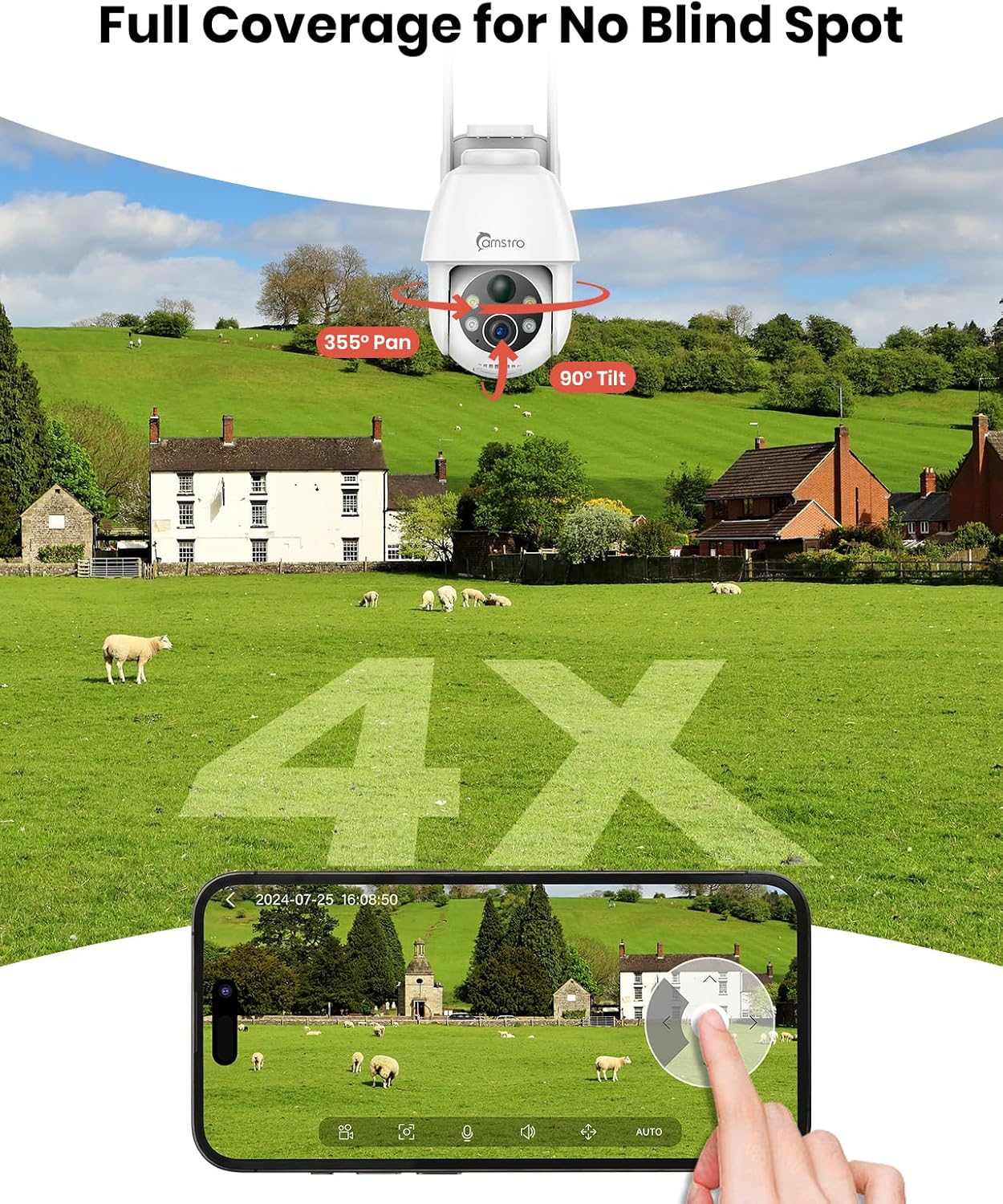 CAMSTRO 4 Pack 2K Solar Security Cameras Wireless Outdoor, 360&deg; PTZ Wifi Cameras System, PIR Motion Detection with Smart Alert, Color Night Vision, Multi-User Surveillance, Cloud/Sd Storage