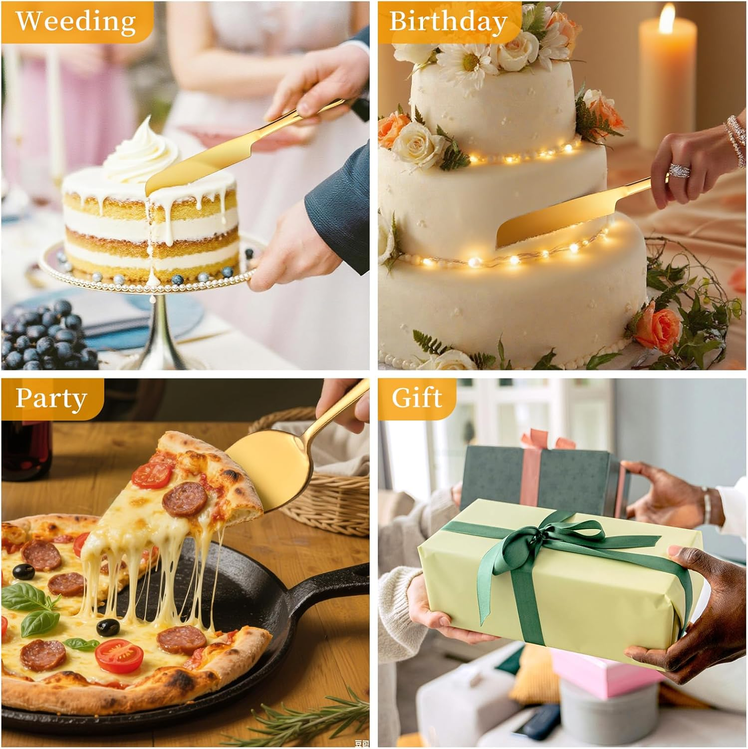 ERVILO Cake Cutting Set for Wedding, Pie Server, Stainless Steel Wedding Cake Knife and Server Set, Golden Cake Cutter for Birthday, Parties and Events (Gold Serving Set) - Black Serving Set image number 5