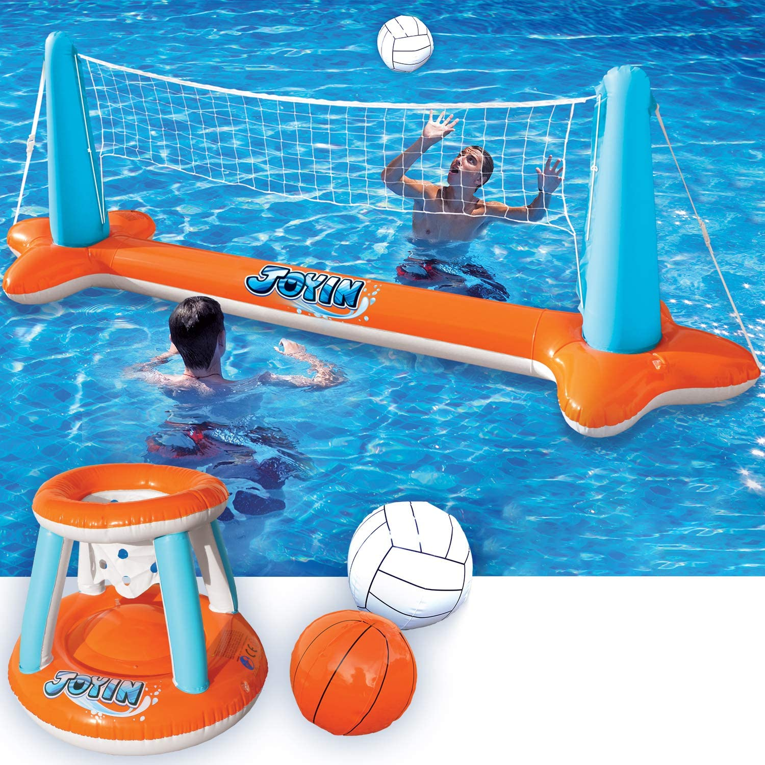 JOYIN Inflatable Pool Float Set Volleyball Net & Basketball Hoops, Floating Swimming Game Toy for Kids and Adults, Summer Floaties, Volleyball Court (105&rdquo;X28&rdquo;X35&rdquo;)|Basketball (27&rdquo;X23&rdquo;X27&rdquo;),L-Orange image number 6