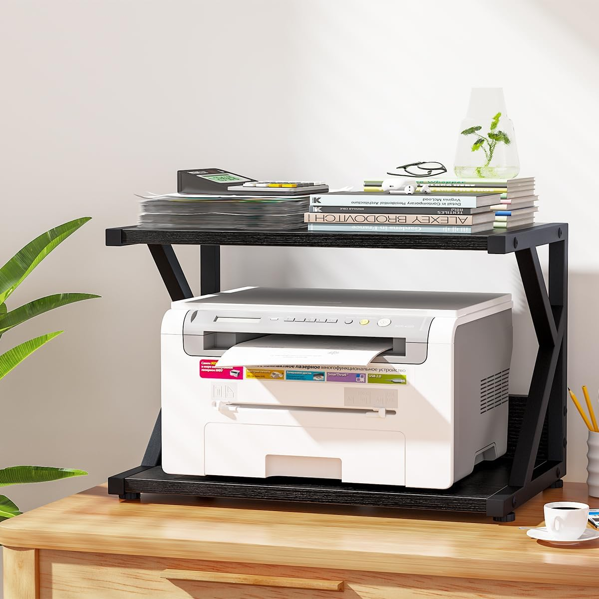 Aboxoo Desktop Printer Stand with 2 Tier Wood Storage Shelves,Under Desk Printer Table,Multi-Purpose Home Office Desk Organizer for Fax Machine, Scanner (Black) - White image number 7