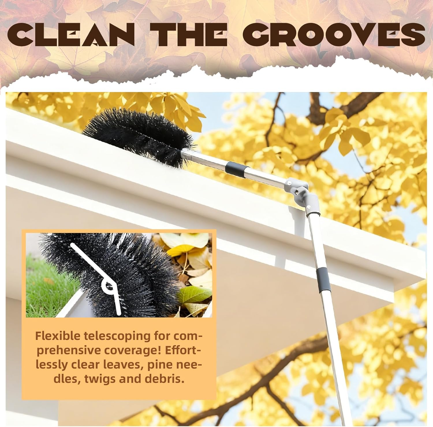 Gutter Cleaning Tools, 4M Telescopic Roof Gutter Cleaning Tools Kit with Gutter Brush & Gutter Rake, Length and Curvature Adjustable Gutter Cleaning Pole, Portable Roof Cleaning Tool for Cleaning image number 4