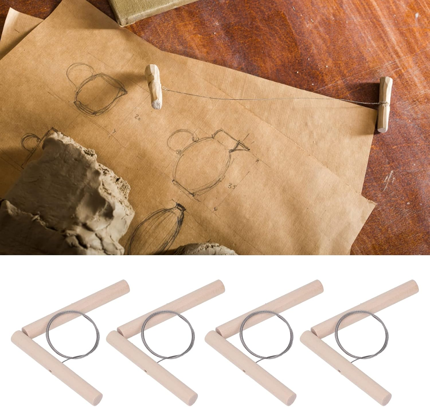 Clay Cutter, 5 Pcs Stainless Steel Wire Cutting Pottery Tools with Double Wooden Handle, Portable Wire Clay Cutter, Cut off Tools for Clay, Ceramic, Art Sculpture, Cheese, Dough