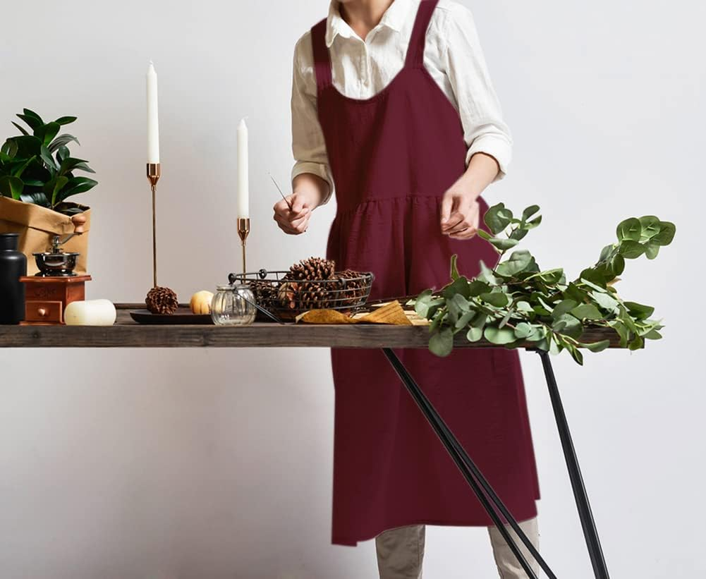 NEWGEM Cotton Linen Cross Back Apron for Women with Pockets Cute Japanese Korean Style Pinafore Dress Purplish Red, 1 Magenta Apron without Waist Ties, One Size image number 3
