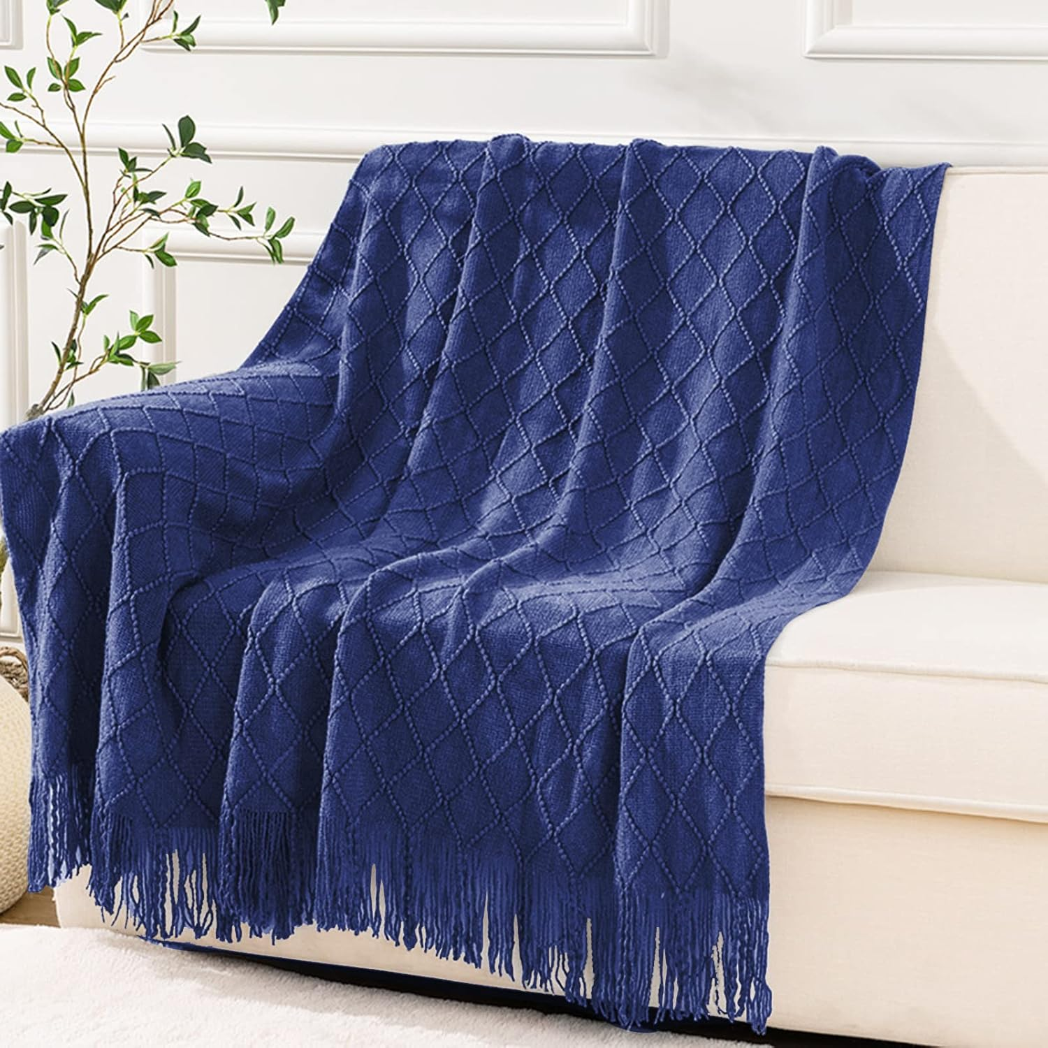 Inhand Navy Blue Throw Blanket for Couch and Bed, Soft Living Room Home Decor Knitted Blanket with Tassel, Outdoor Lightweight Breathable Summer Blanket, Farmhouse Warm Woven Decorative, 50"X60" image number 3