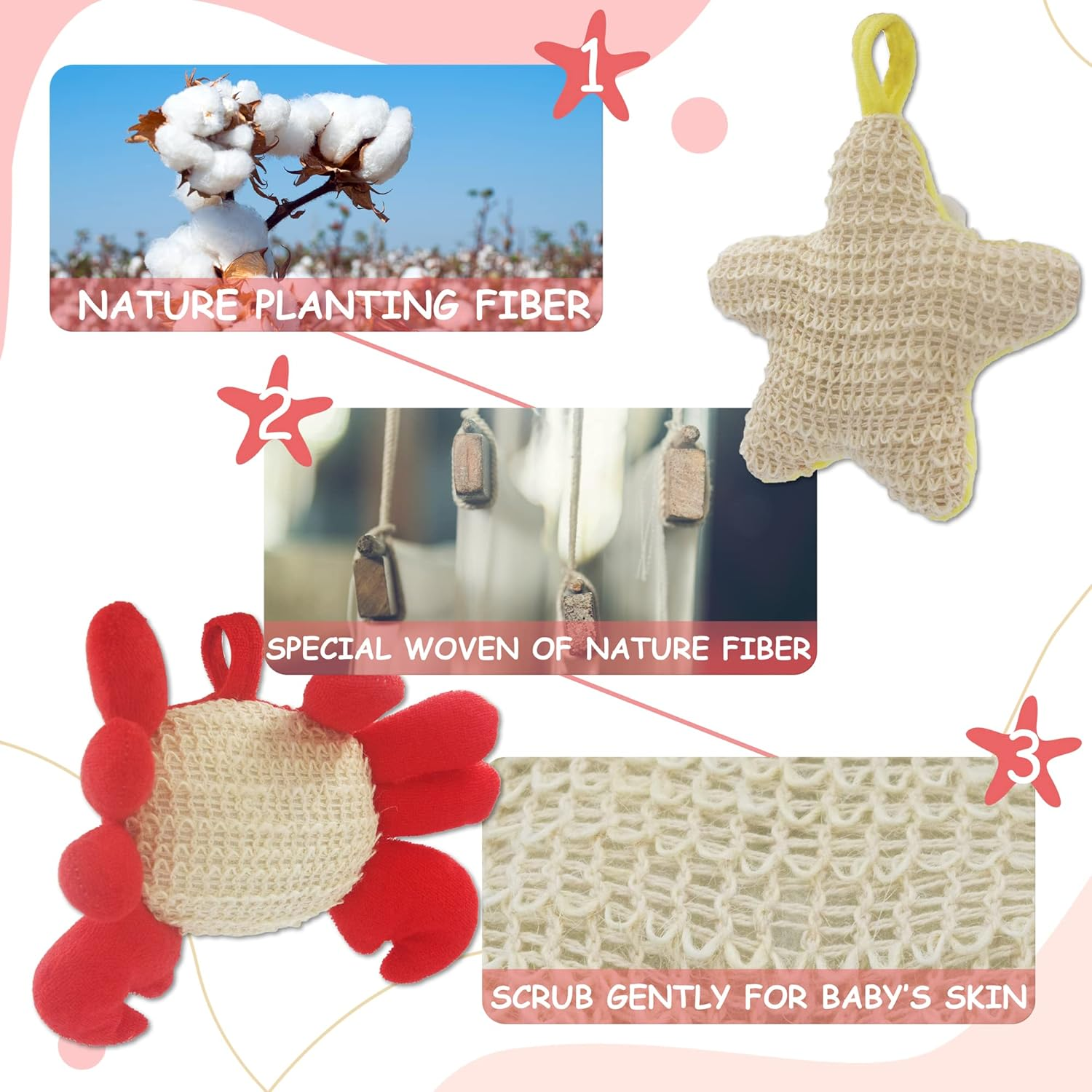 Bleu Bath (2 Pack) Animal Body Scrubber Natural Linen Shower Ball for Toddler Kids Gentle Exfoliating Bath Sponge Loofah Pouf in Yellow Starfish Red Crab with Cute Big Eyes Design image number 6