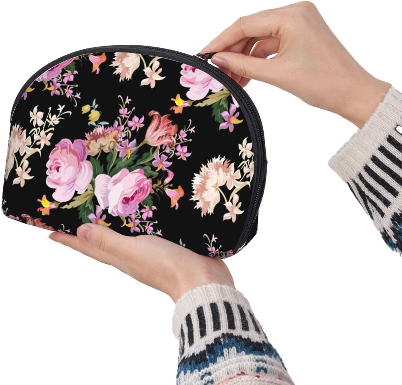 Cozimangoe Coin Pouch Makeup Bags Set, 2 Piece Shell Shape Cosmetic Bag with Pockets for Daily Travel Handbag Lipstick Keys Toiletry, Personalized Pink Roses Vintage on Nature Rose