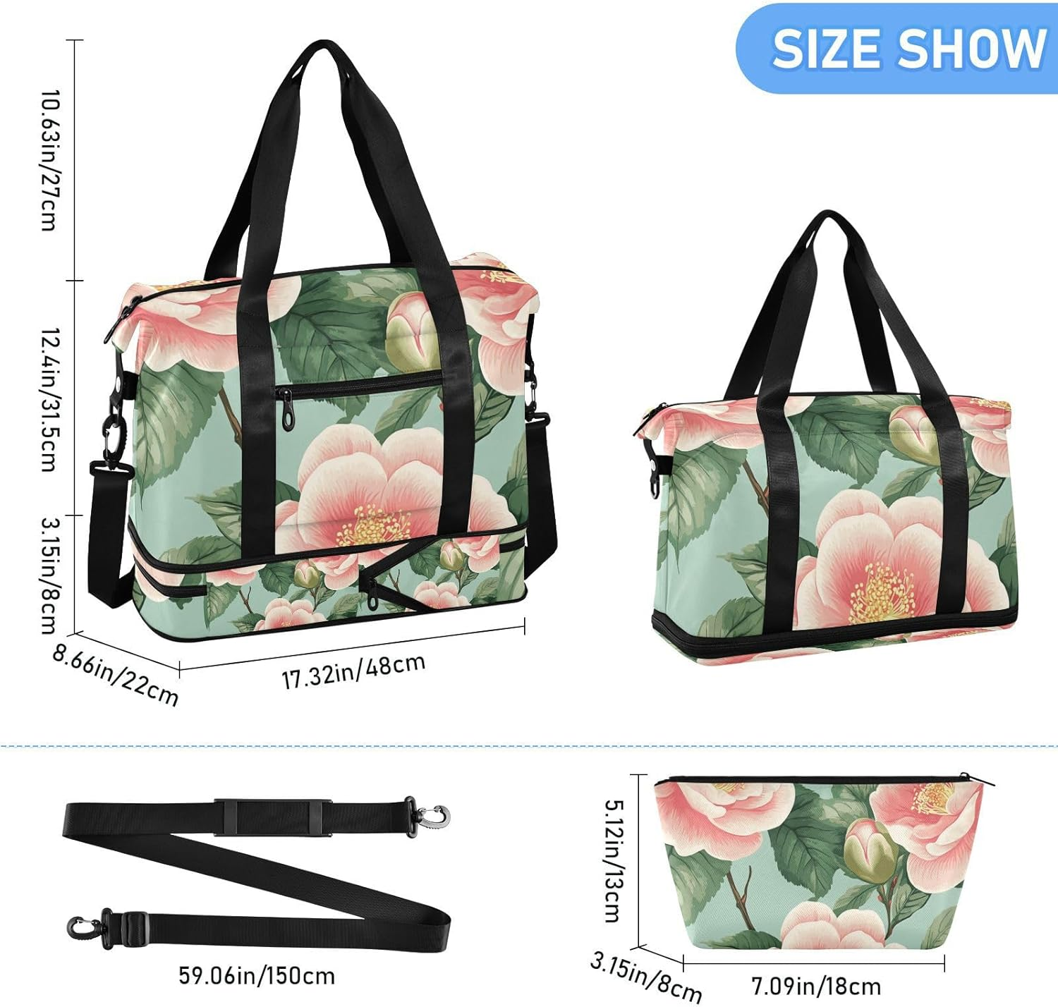 Beauty Spring Flowers Rose Gym Duffel Bag Travel Weekender Gear Bag with Toiletry Bag for Sports Multifunctional, Beauty Spring Floral Rose, 1 Size, Beauty Spring Flowers Rose, 1 Size image number 2
