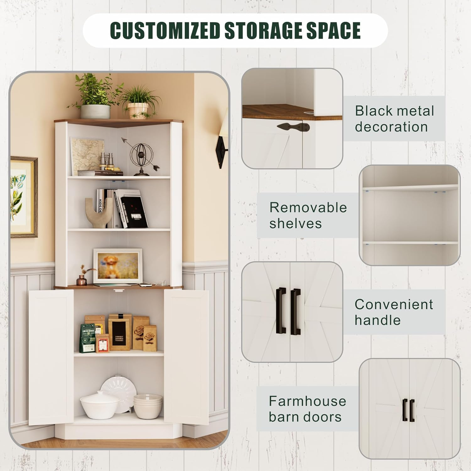 Dystler Tall Corner Cabinet with LED Light, Farmhouse Bathroom Cabinet with 2 Doors and 3 Tier Shelves, Free Standing Corner Storage Cabinet for Laundry Room, Living Room, Bedroom or Kitchen, White image number 5