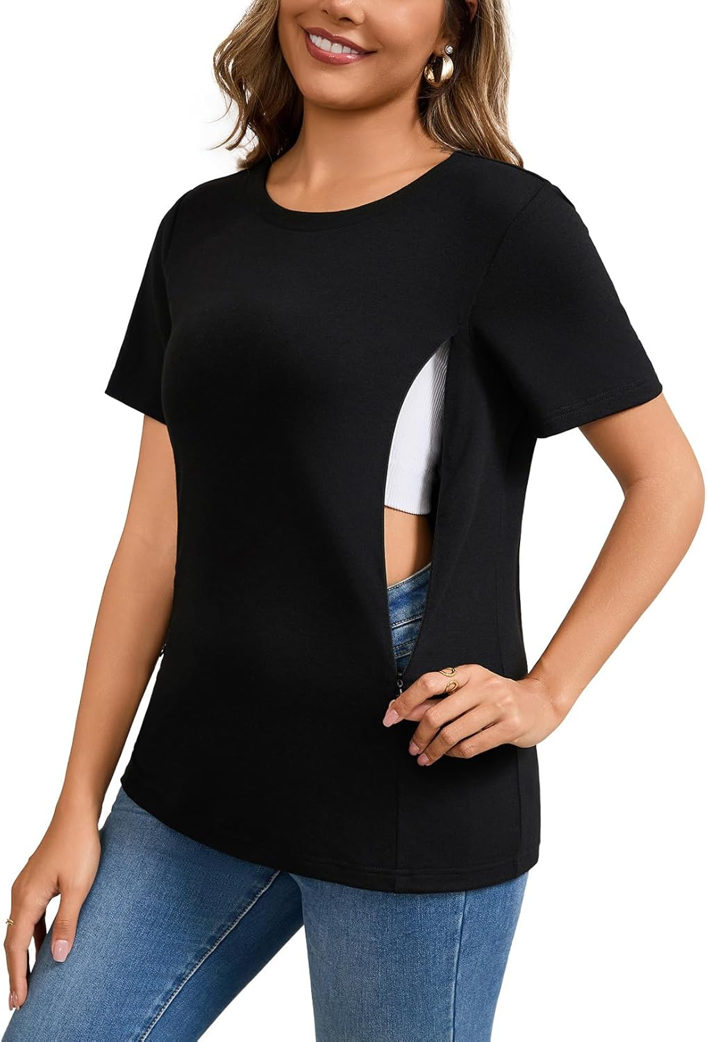 GINKANA Women'S Nursing Shirts Short Sleeve Breastfeeding Tshirt with Hidden Zippers Loose Fit Nursing Tops