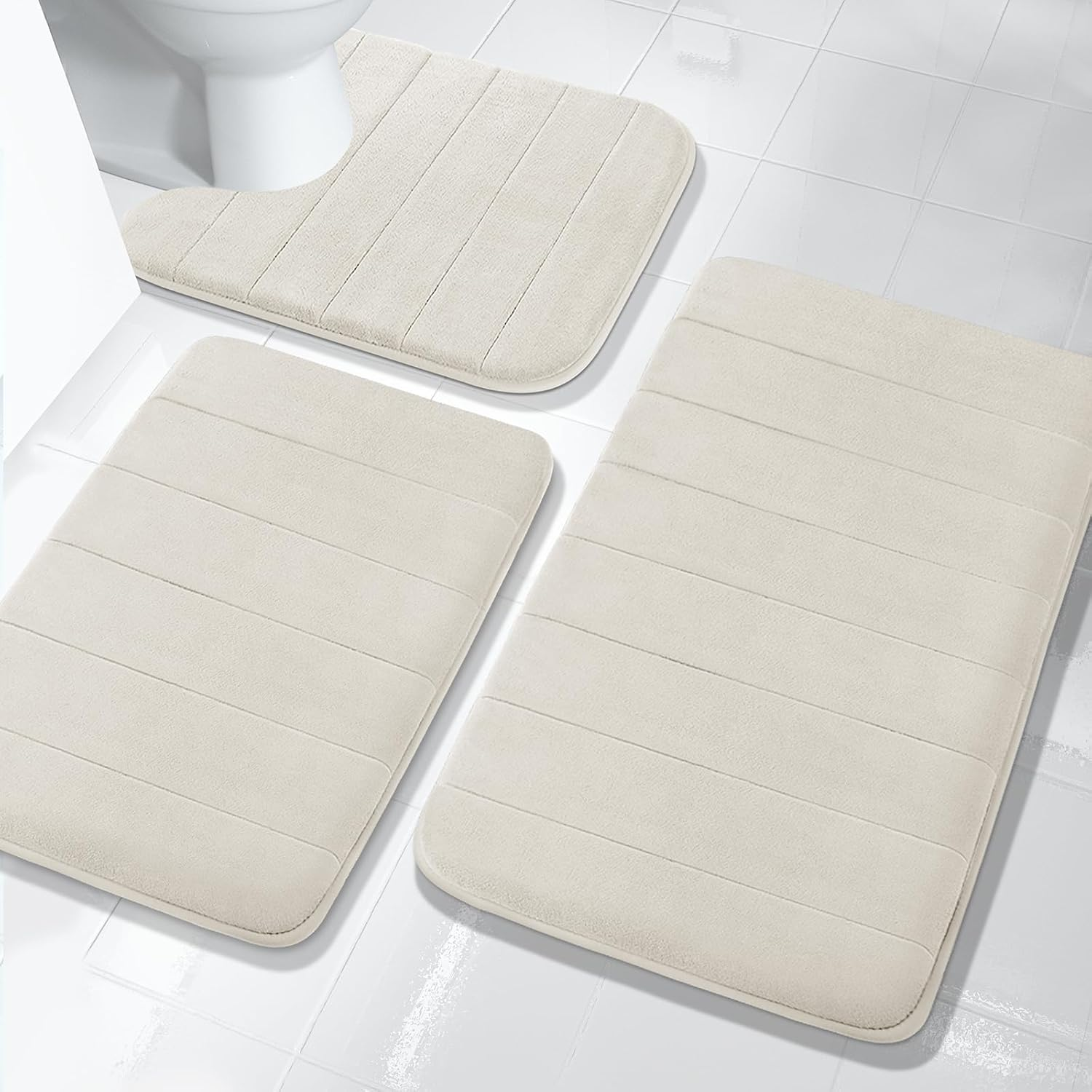 Yimobra 3 Pieces Memory Foam Bath Mat Sets, 31.5 X 19.8 + 17X24 and U-Shaped for Bathroom Rugs, Toilet Mats, Non-Slip, Soft Comfortable, Water Absorption, Machine Washable, Cream White image number 2