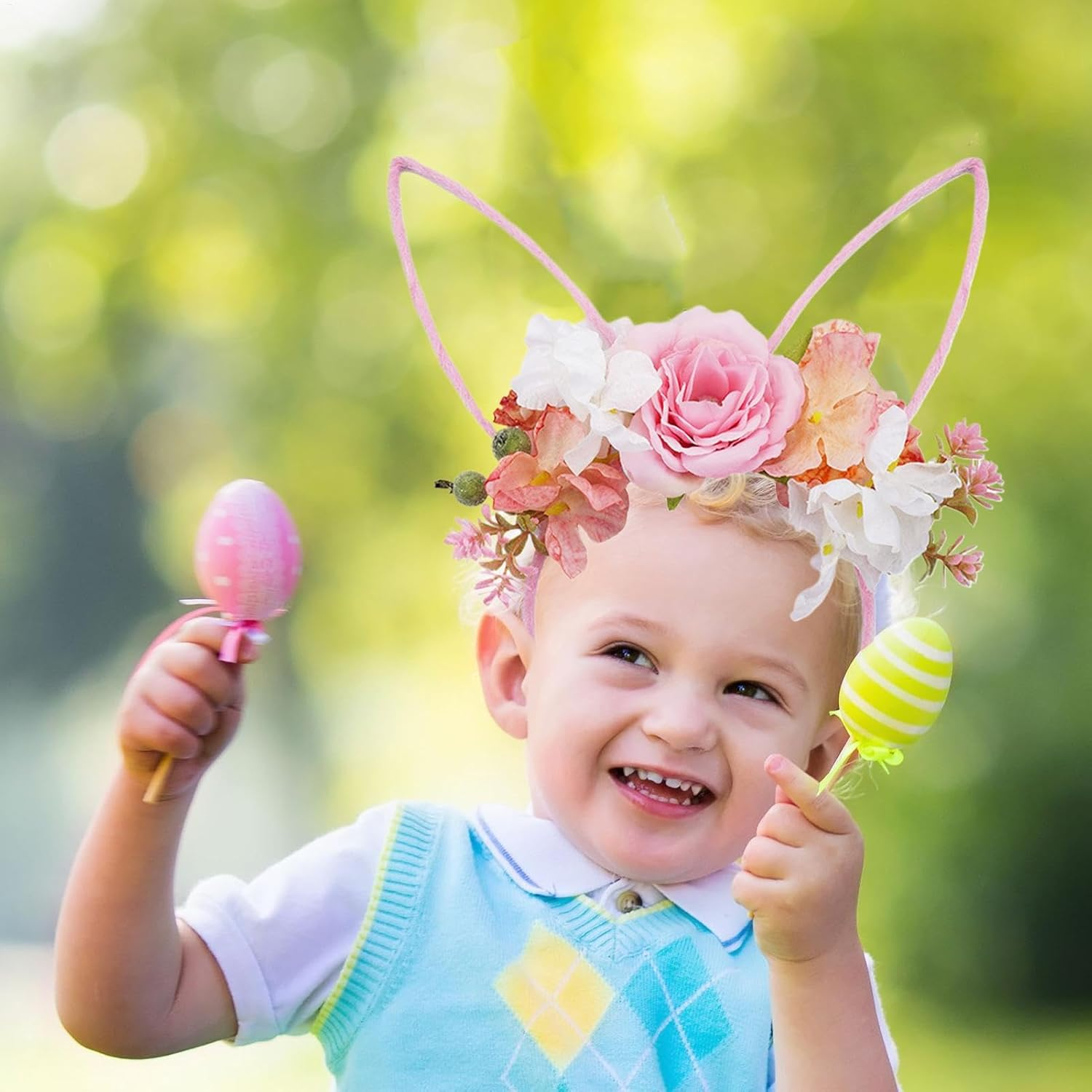 Bunny Ears Headbands | Headwear with Flowers - Easter Headband,For Christmas Halloween Party Valentine'S Day Women Costume Kids - White 1 image number 5