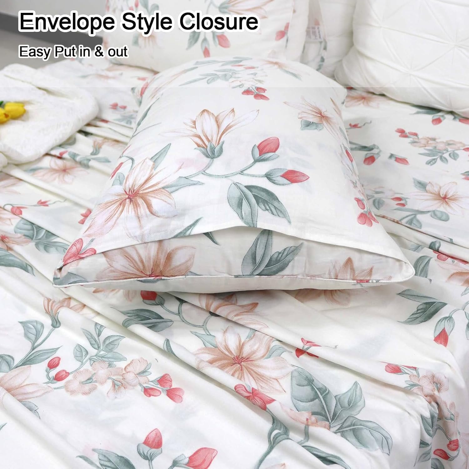 Helthep Floral Sheet Set Twin, 100% Cotton White Floral Printed Sheets Botanical Lily Pattern Sheets Red Chic Flower Green Leaves Luxury Percale Sheet with 17.5" Deep Pocket, Vintage French Bedding image number 2