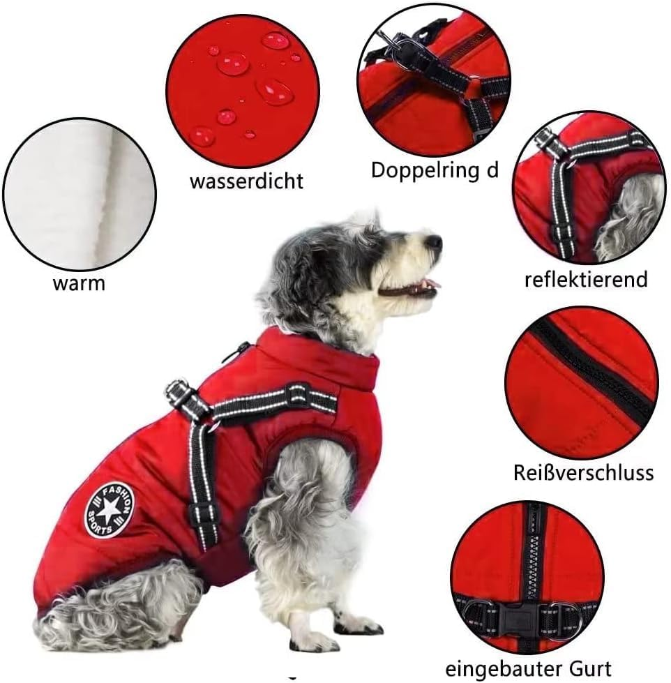 Voarge Dog Jacket, Winter Vest, Jackets, Dog Coat with Harness for Small Dogs, Waterproof Machines, Washable, Reflective Stripes Design, Durable D-Ring (5XL, Red) image number 2