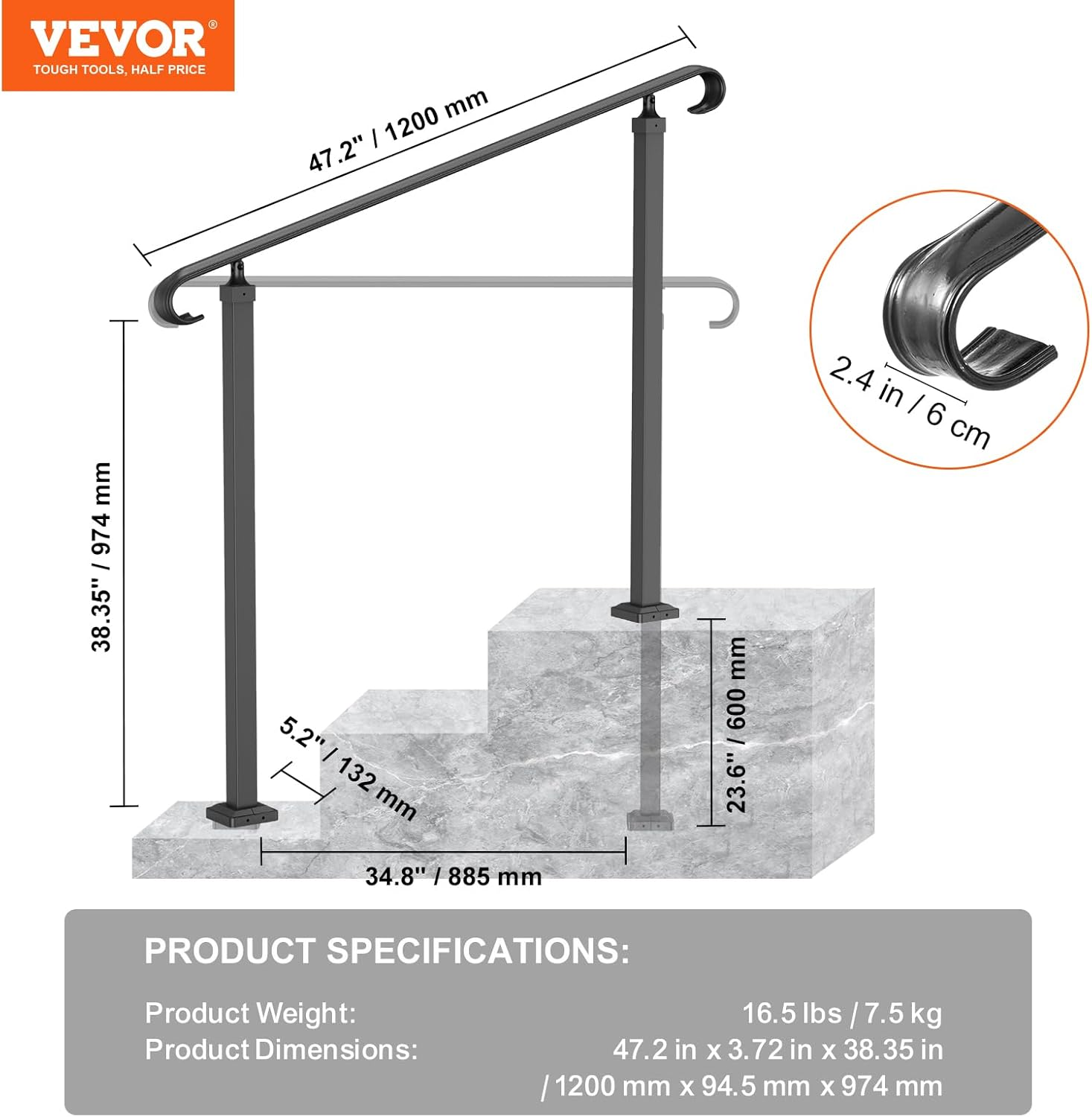VEVOR Handrail for Outdoor Steps, 2-3 Steps Flat Outdoor Handrail, Adjustable Wrought Iron Staircase Handrail, Thickened Stair Railings for Porch Railing image number 5