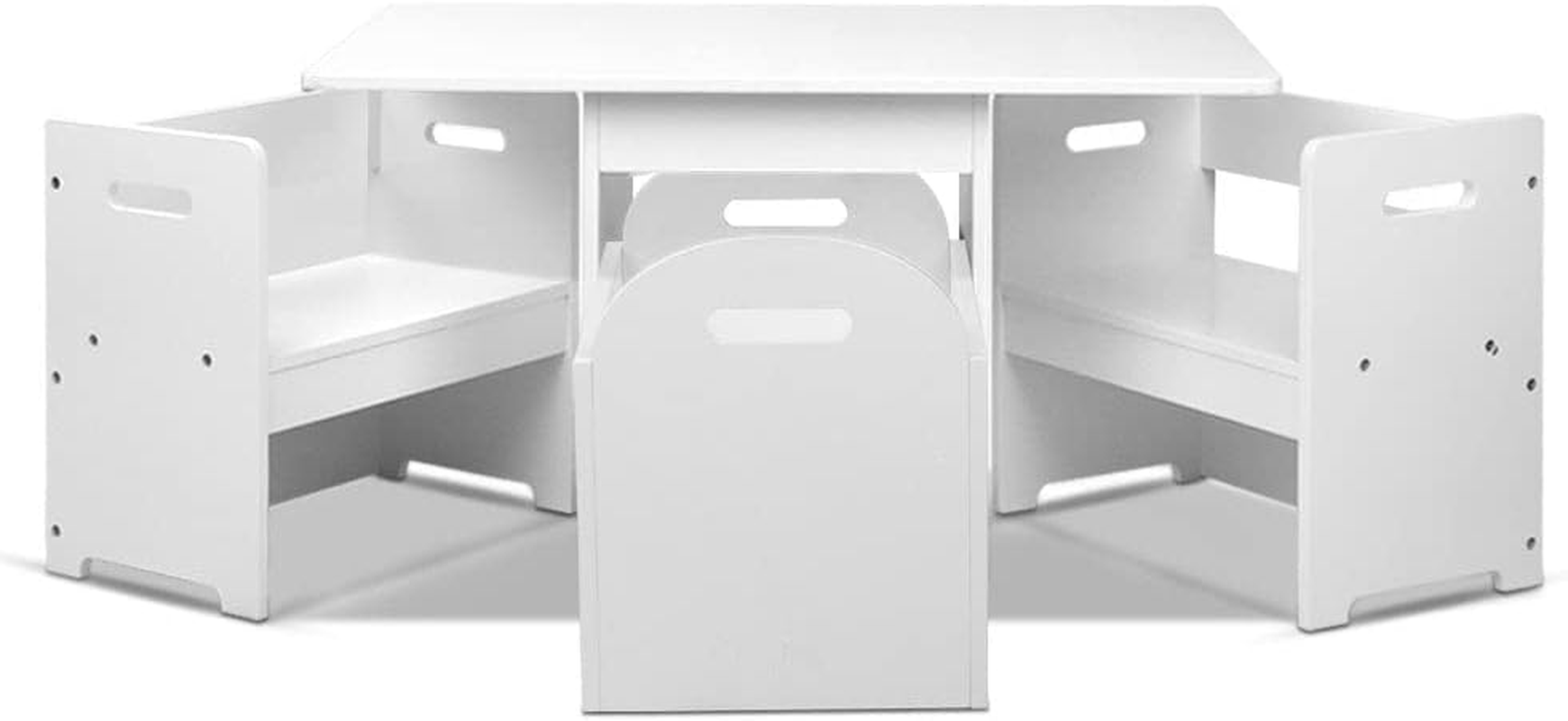 Keezi Kids Table and Chairs with Storage Box, Children Study Chair Desks Dining Tables Drawing Eating Painting Learning Activity Play Setting Home Living Room Bedroom Outdoor Furniture, Durable White image number 2