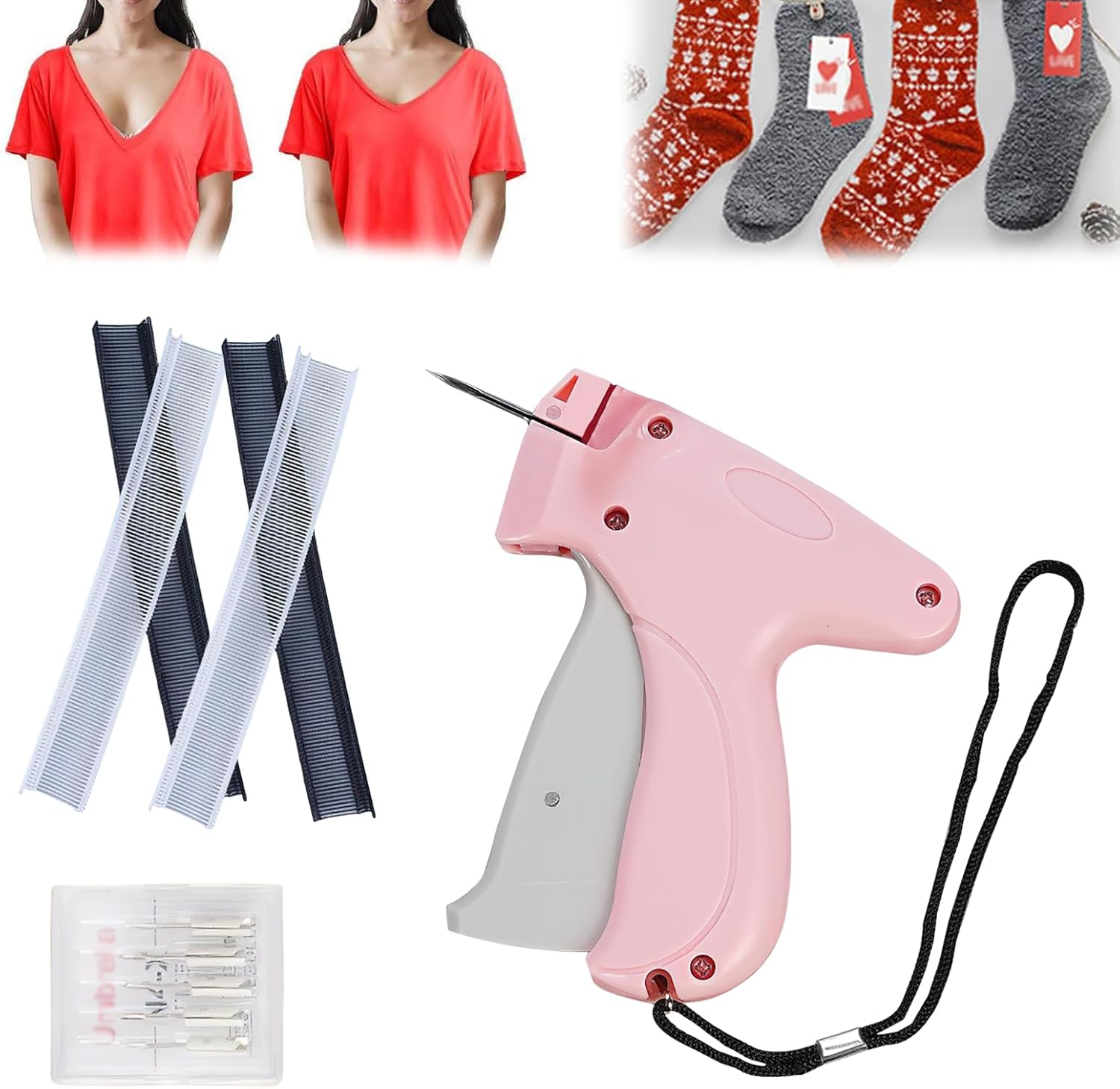 Stitch Gun,Tagging Gun for Clothing, Fine Stitch Mini Stitch Gun for Clothes,Quick Clothing Fixer,Hemming Sewing Tool Kit with 5 Needles,Includes 1000 Fasteners, Great for Garment Repair (Pink)