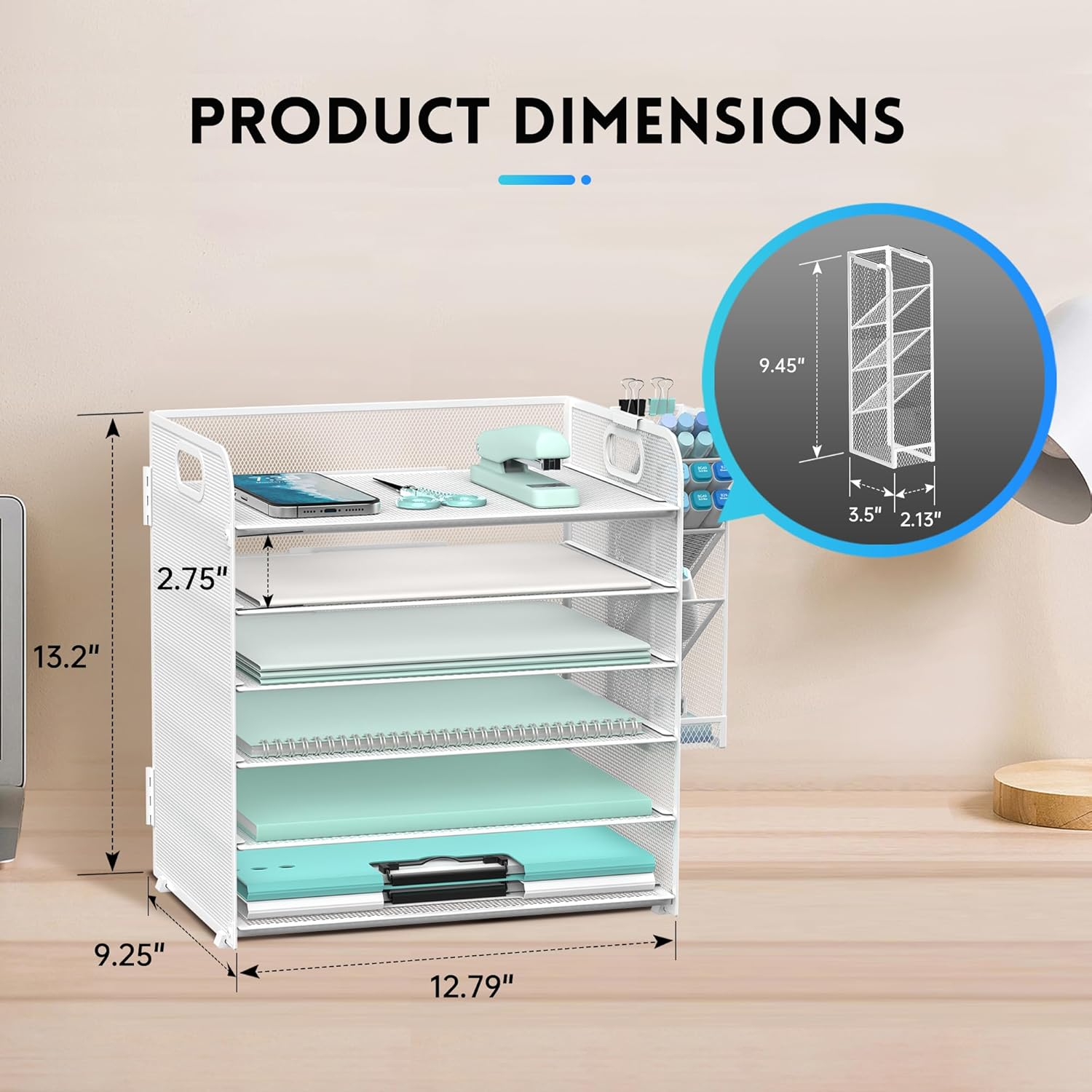 SUPEASY 6 Tier Paper Organizer with 4 Pen Holders, Mesh Letter Tray with Handle, Paper Tray Organizer for A4 Files, White