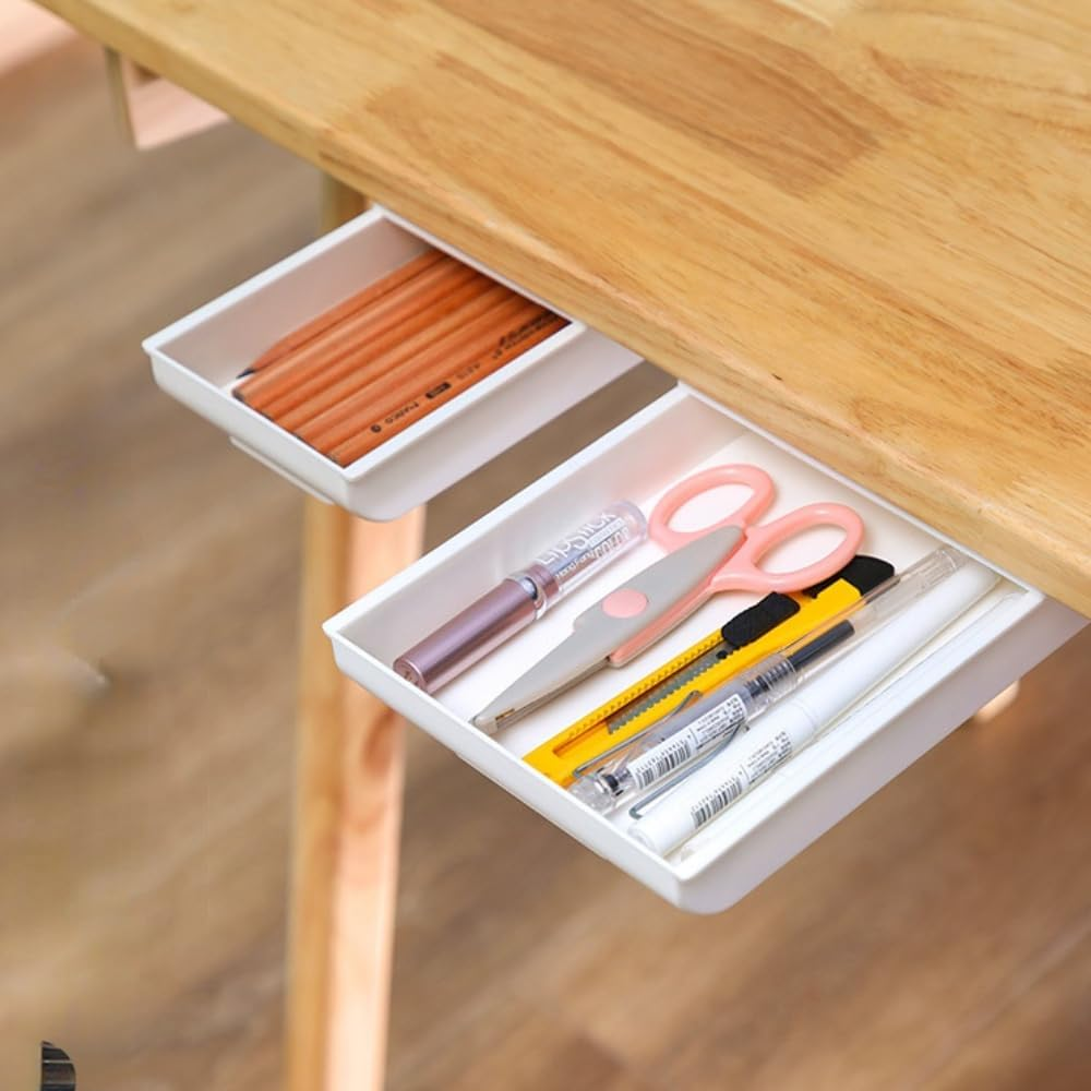 Frafuo 2 Pcs Adhesive Pull Out Drawers for Cabinets-Under Desk Drawer Organiser Tray-Plastic Hidden Drawer Storage-Slide Out under Desk Drawer-Adhesive Hidden Desktop Organizer (White,L+M) image number 1