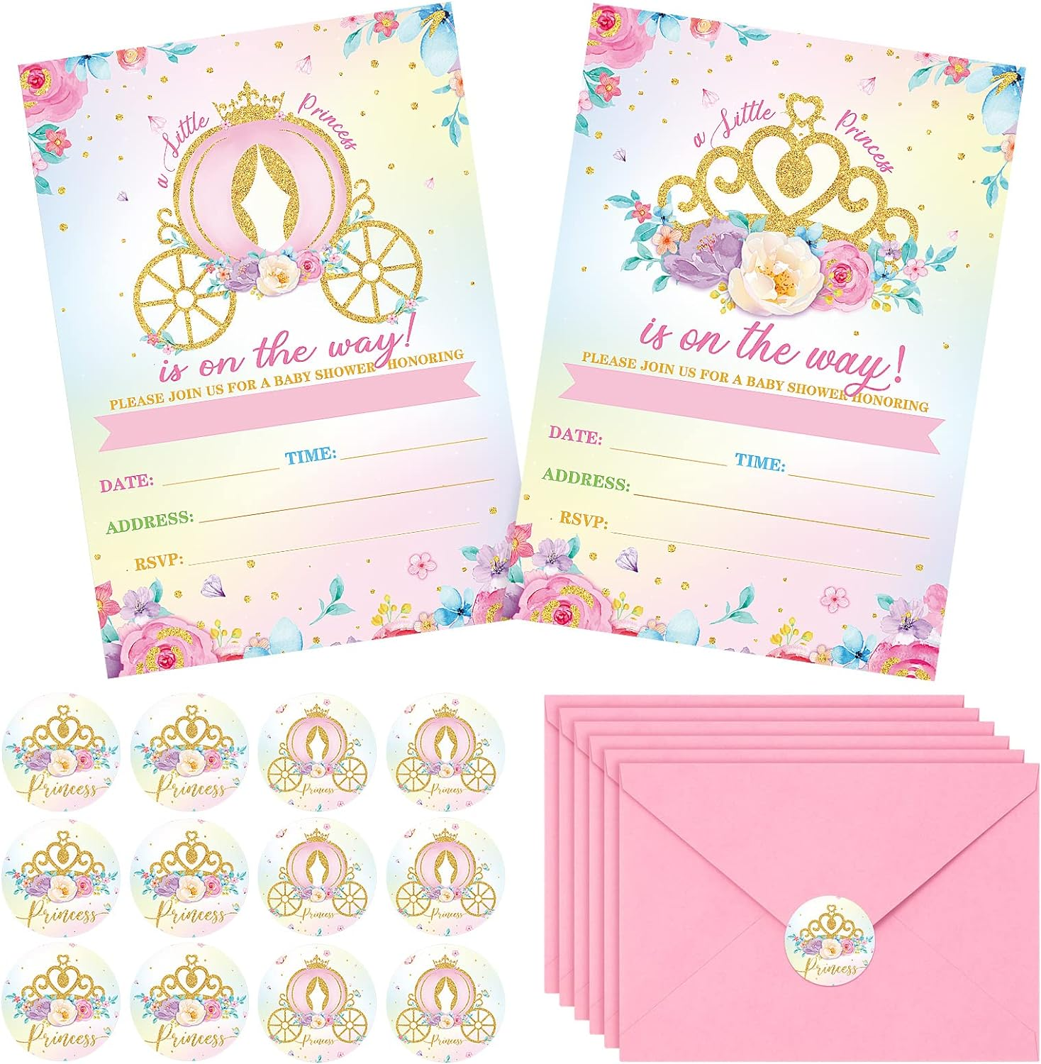 Taobary 24 Set Pink Princess Baby Shower Invitations for Girl, Princess Birthday Party Invitations Cards with Envelopes, and Stickers for Party Favors Girls Castle Supplies(Baby Shower) image number 1