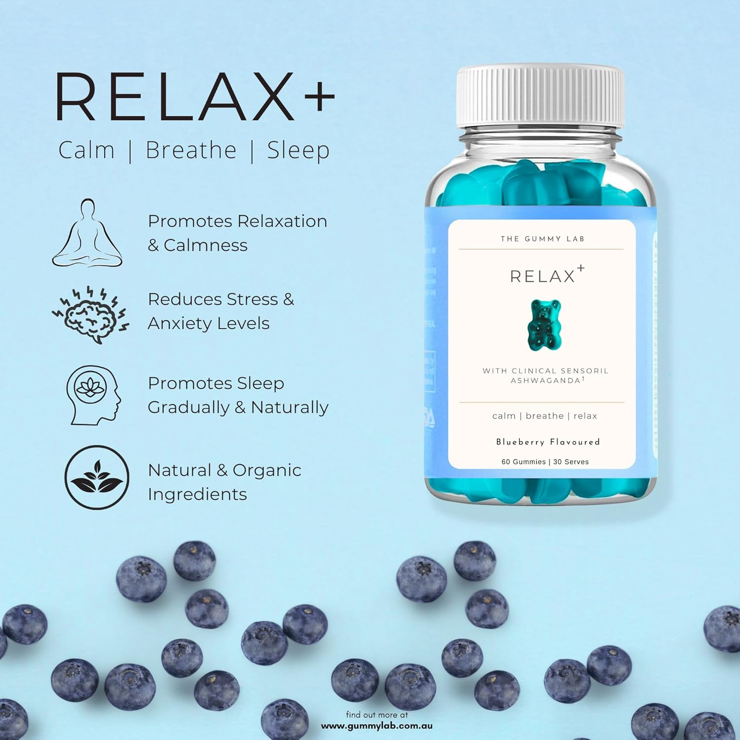 Sleep Gummies with Ashwagandha for Relaxation, Sleep & Calmness, Chewable Sleep Aid, 500Mg Clinical Sensoril Ashwagandha, 5Mg GABA, 4Mg Chamomile Extract, 15 Calories | Blueberry Flavour, 30 Serves image number 3