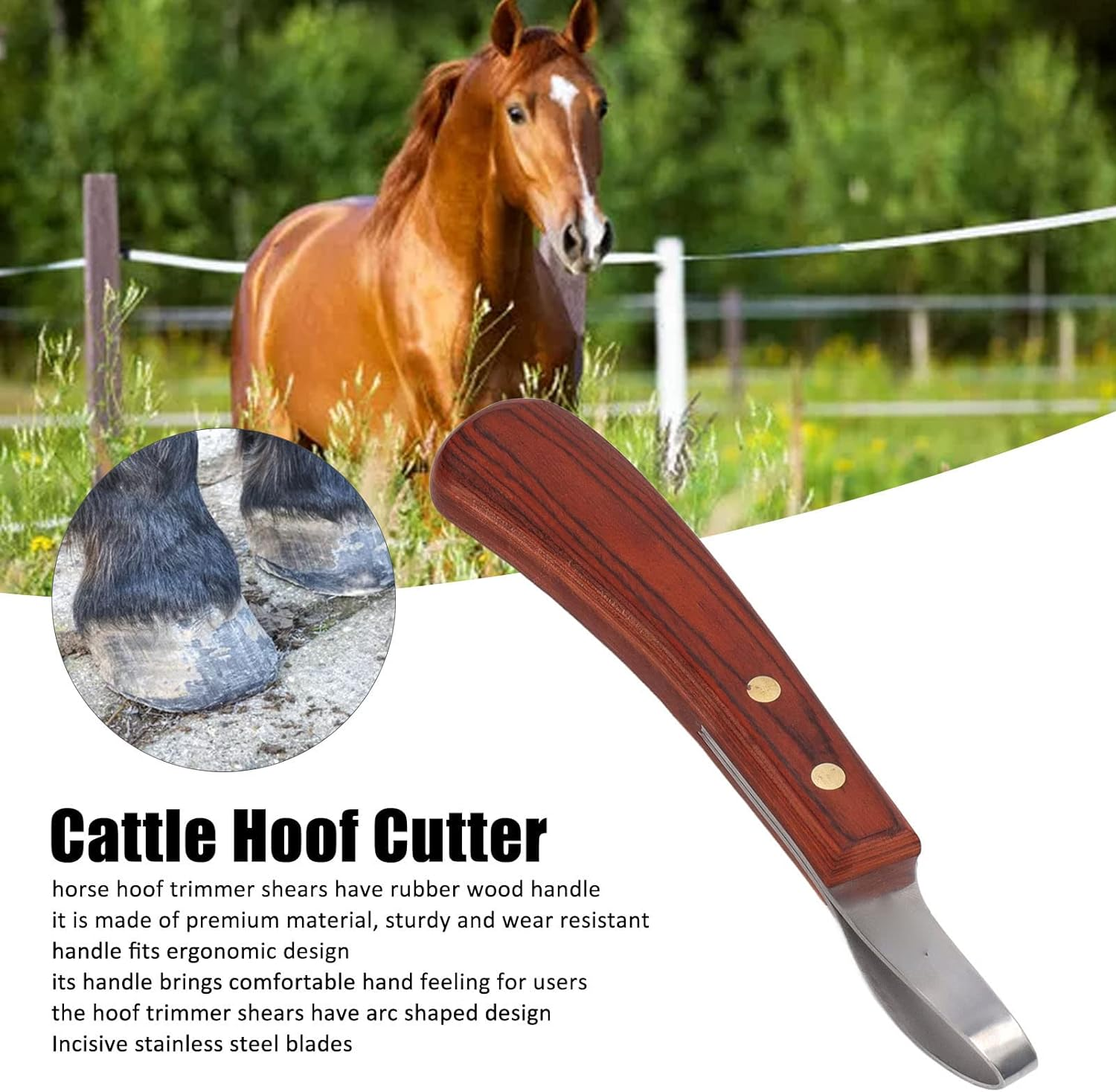 Hoof Knife,Stainless Steel Blade Curved Farrier Horse Hoof Trimmer with Non Slip Rubber Wood Handle,Multipurpose Hoof Loop Trimming Knife,For Horses,Donkeys,Cattle image number 3