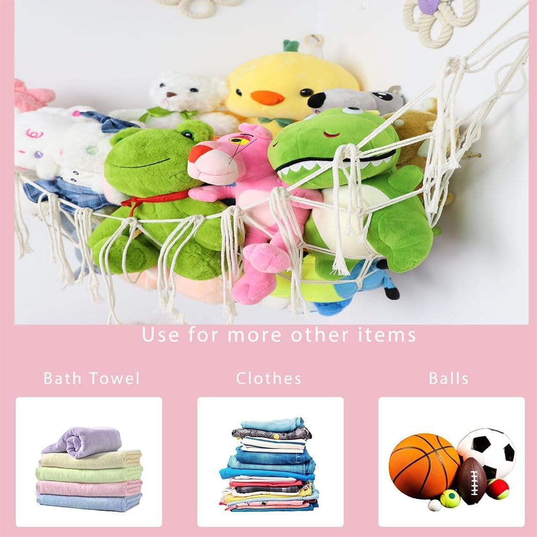 Idopick 2 Pack Stuffed Animal Hammock Net,Toy Storage Hammock for Stuff Animals, Stuffed Animal Organizer Holder with Tassel-Corner Hanging Net for for Nursery Kids Girls Room Decor image number 4