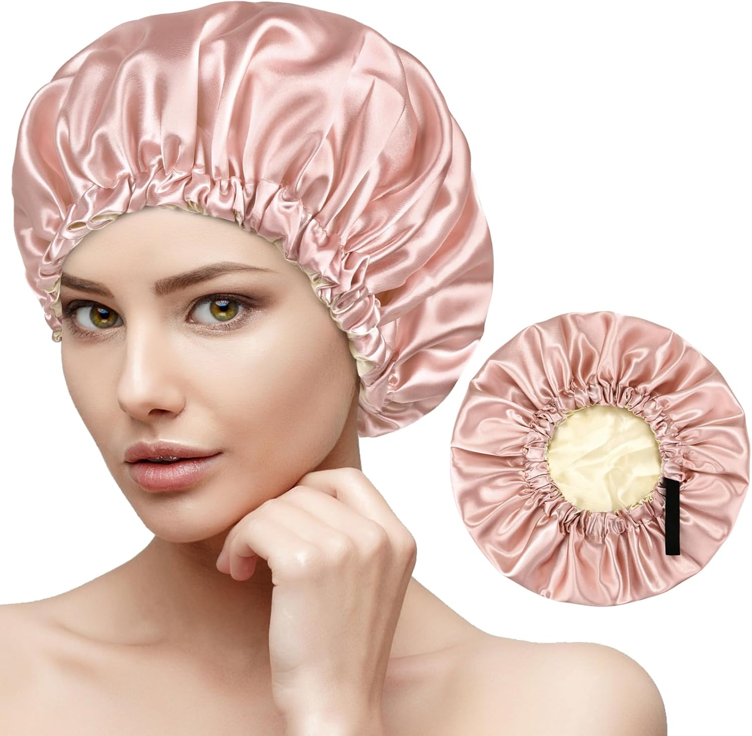 Large Satin Bonnet Silk Bonnet for Sleeping Women Men, Hair Bonnet Double Layer Reversible with Elastic Tie Band Adjustable Night Sleep Cap Wrap for Curly Hair image number 1