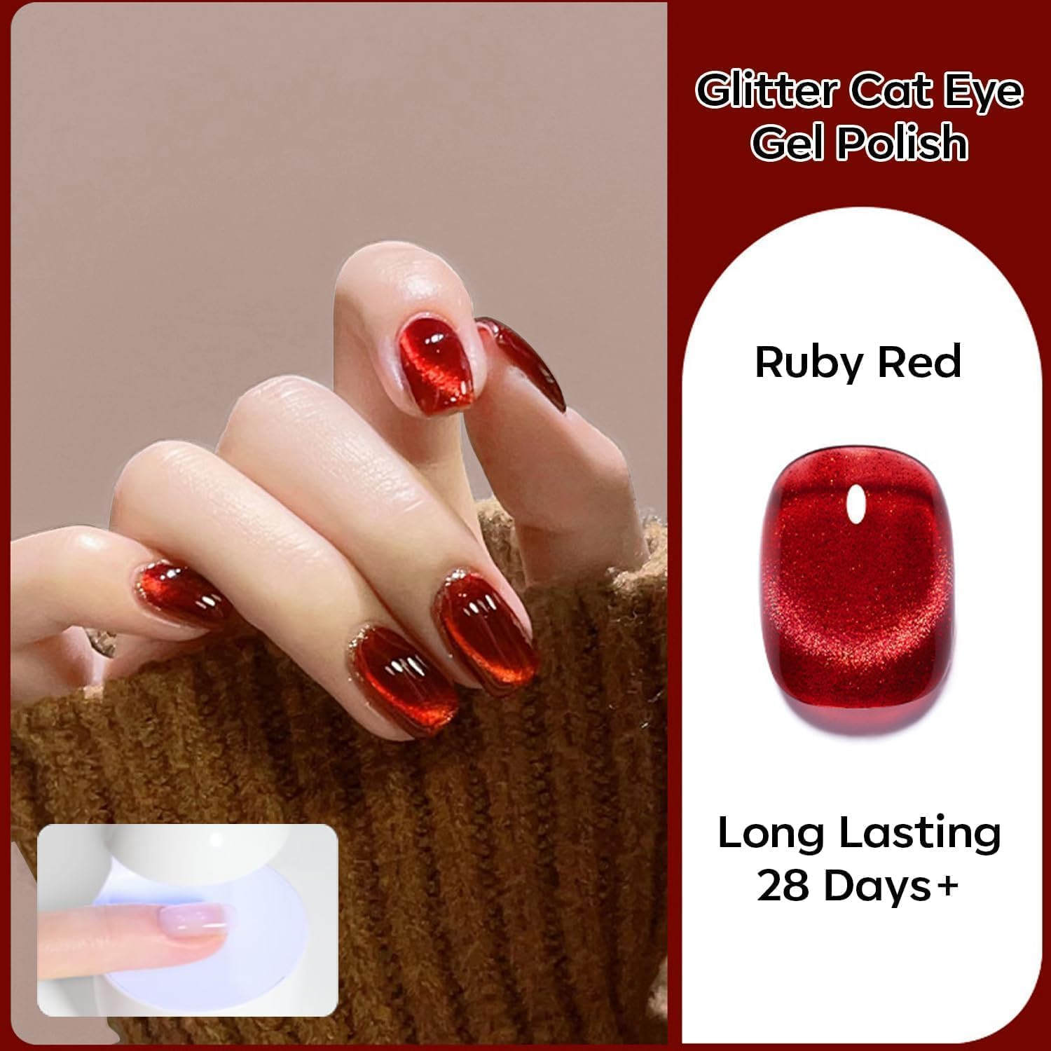 Modelones Cat Eye Gel Nail Polish,15 ML Glitter Red Gel Polish Magnetic Gel Burgundy Red Sparkle Bloody Nail Polish Reflective Translucent UV Ge Art DIY Salon for Girl Women image number 6