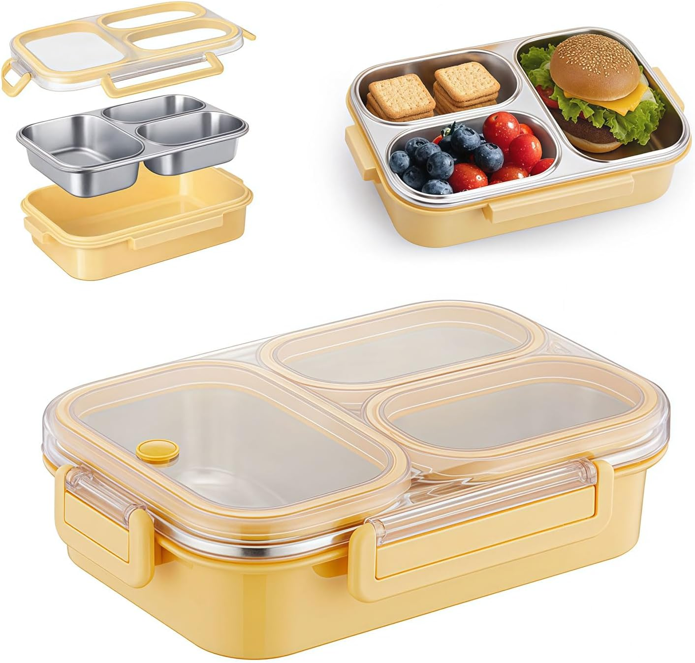 Lunch Box with Compartments, Stainless Steel Lunch Box for Children & Snack Box with Compartments, Bento Box 3 Compartments, Leak-Proof Stainless Steel Snack Box for School & Office image number 5
