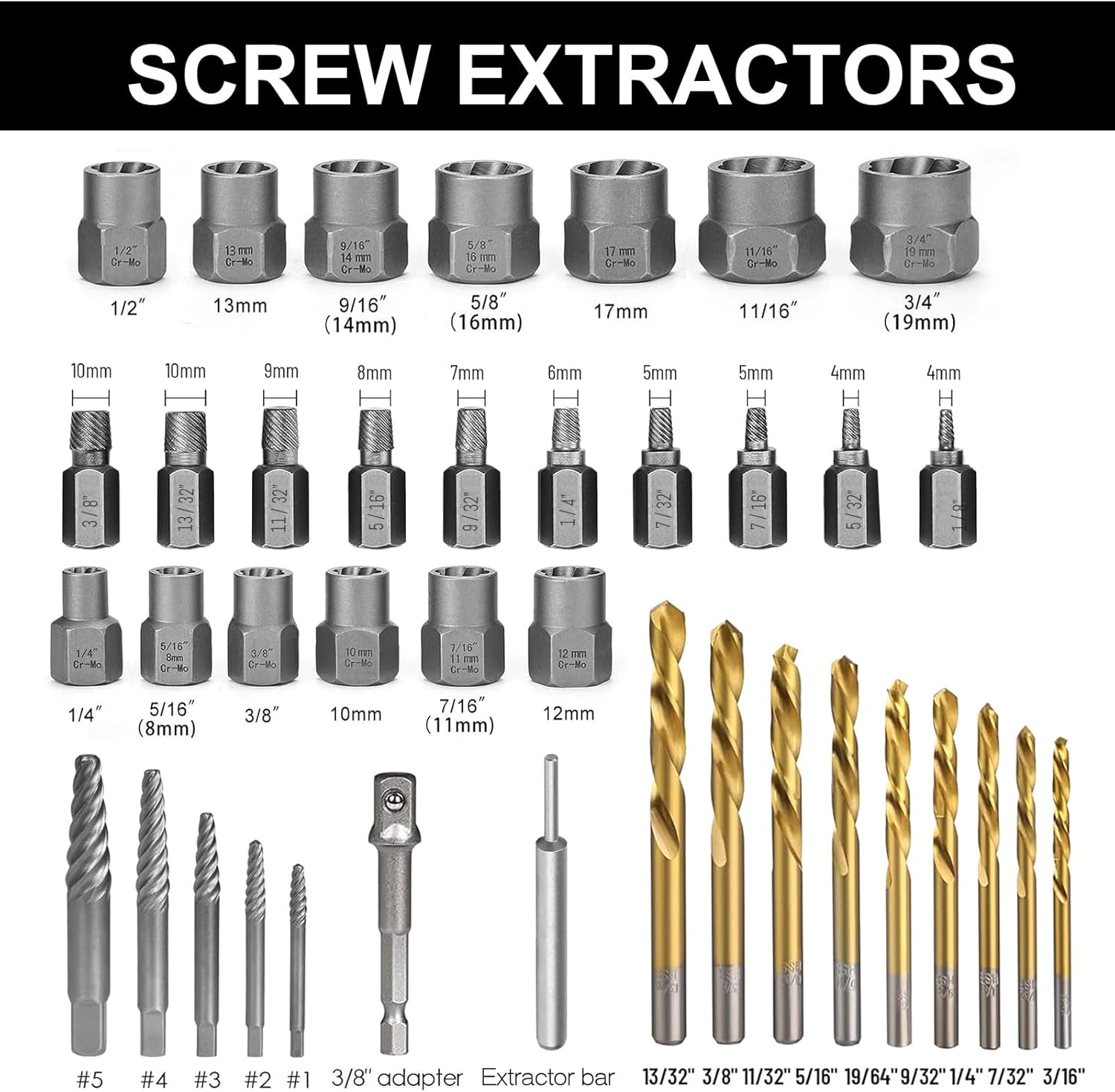 Greywolf 40 Pcs Screw Extractor and Bolt Extractor Set，Left-Handed Drill and Easy Extractor，2-In-1 Nut Extractor ，Bolt Nut Remover，For Stripped, Rusted, Broken Screws, Nuts