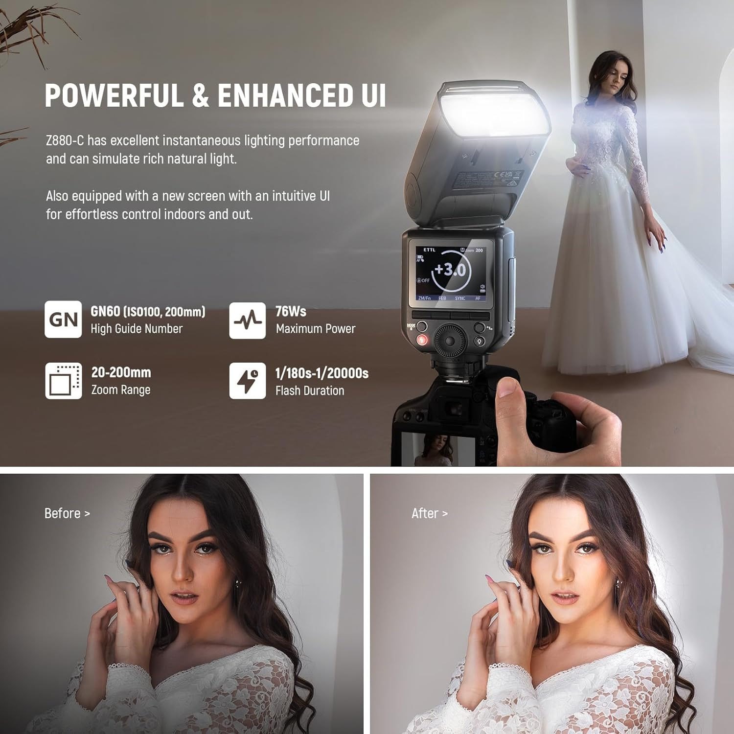 NEEWER Z880-C 2.4G 76Ws TTL Camera Flash Speedlite Compatible with Canon,Upgraded Ui,Adjustable Modeling Lamp,Ttl/M Quick Switch TCM Key,1/8000S HSS 7.2V/3000Mah Battery 600 Full Power Flash image number 6