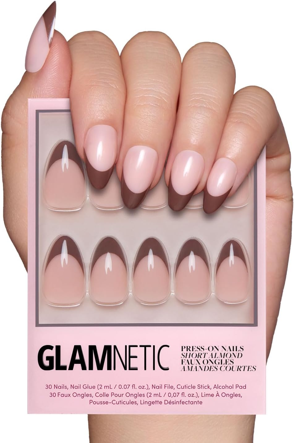 Glamnetic Press on Nails - Chocolat | Semi-Transparent Dark Brown French Tip Short Almond False Nails, Reusable Stick on Fake Nails with Glue | Salon Quality | 15 Sizes - 30 Nail Kit