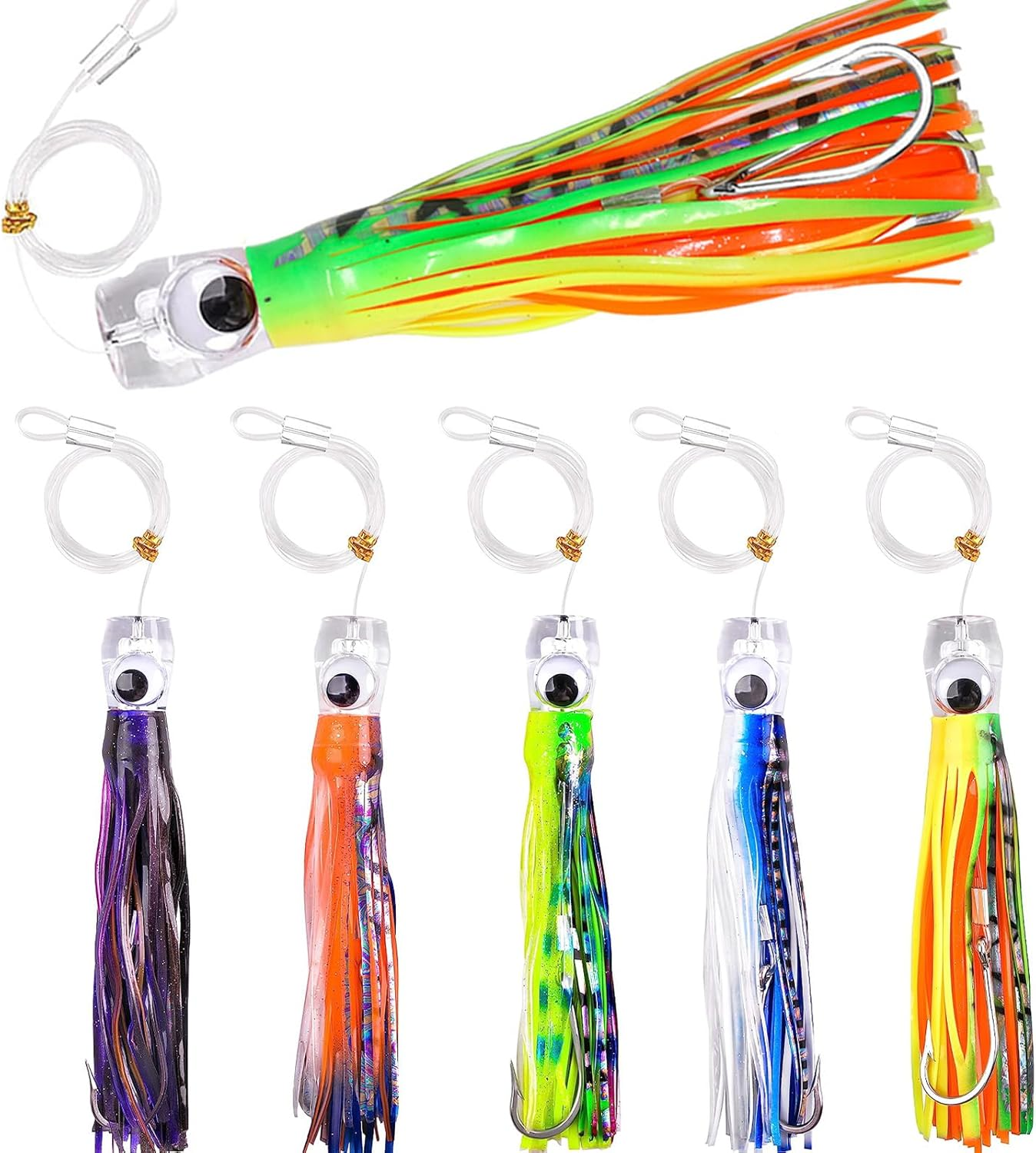 Saltwater Trolling Lures Set of 5Pcs 9 Inch/23Cm Fishing Trolling Skirt Lures with Rigged Hooks for Catching Mahi, Tuna, Wahoo and Big Game Fishes