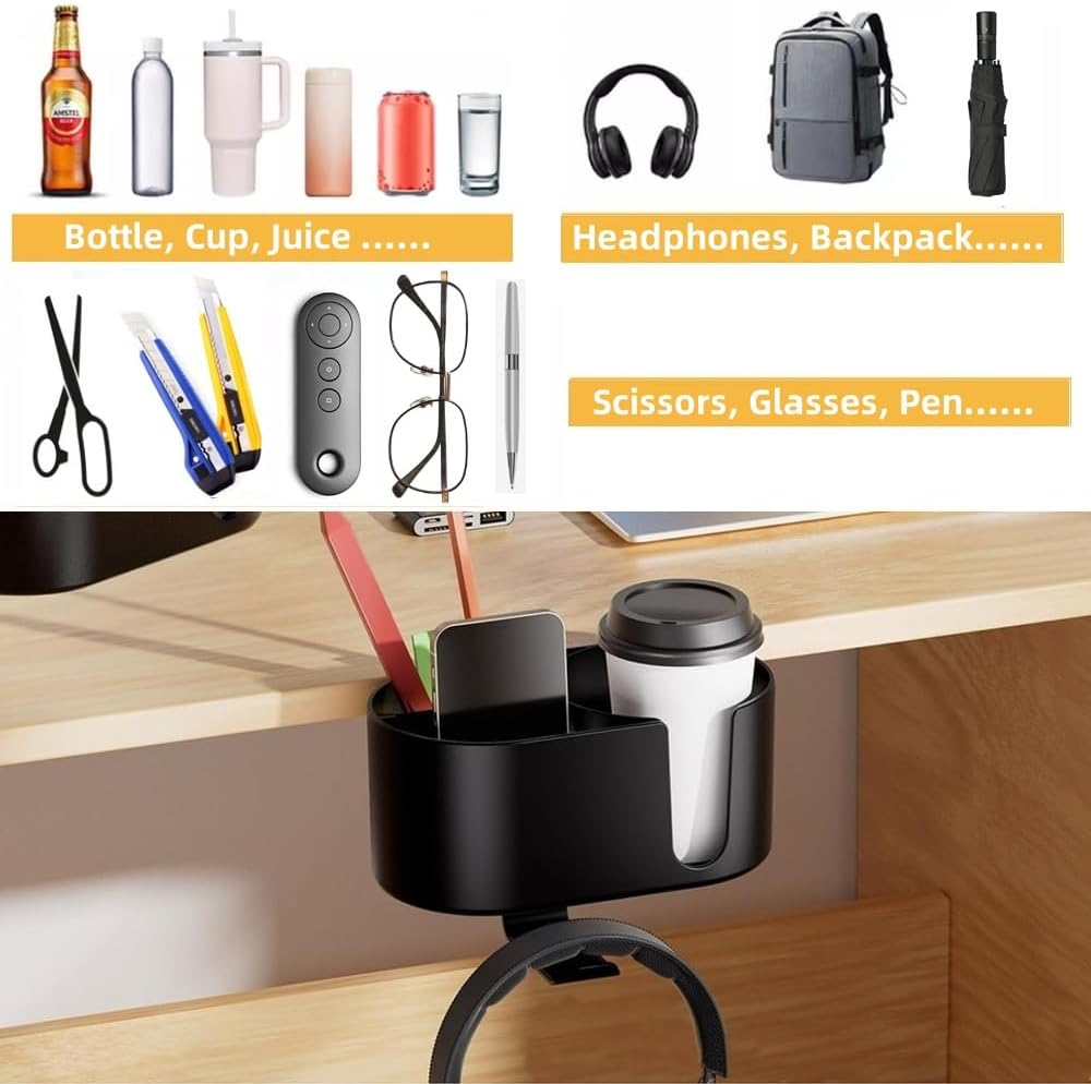 XINYUICEAN 4 in 1 Desk Cup Holder Headphone Hanger,Clamp on under Desk Headphone Hanger, Multifunctional Phone Storage Box Desktop Organizer for Nightstand Workstation (White) image number 2