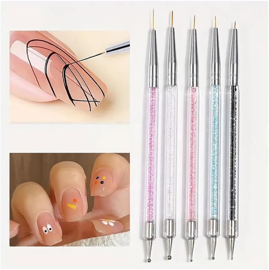5 PCS Nail Art Brushes,Double Ended Nail Art Liner Brush, Nail Dotting Painting Drawing Pens, Double Ended Dotting Tools Set, Pull Line Painted Pen Nail Dotting Tools Set for DIY Nail Art Designs image number 5