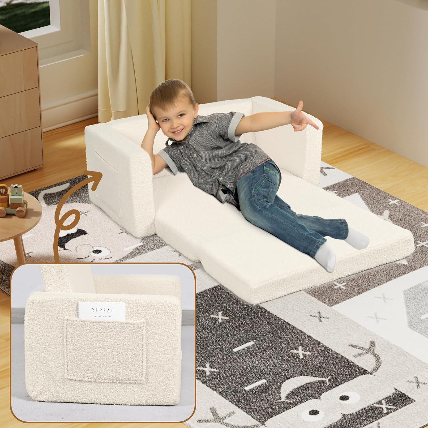 FAYDUDU Kids Sofa, 2-In-1 Fold Out Soft Toddler Couch, Toddler Sofa Bed with Washable Covers, Chair with Side Pocket Suitable for Playroom and Bedroom, Baby Sofa for Boys and Girls (Beige, L) image number 1