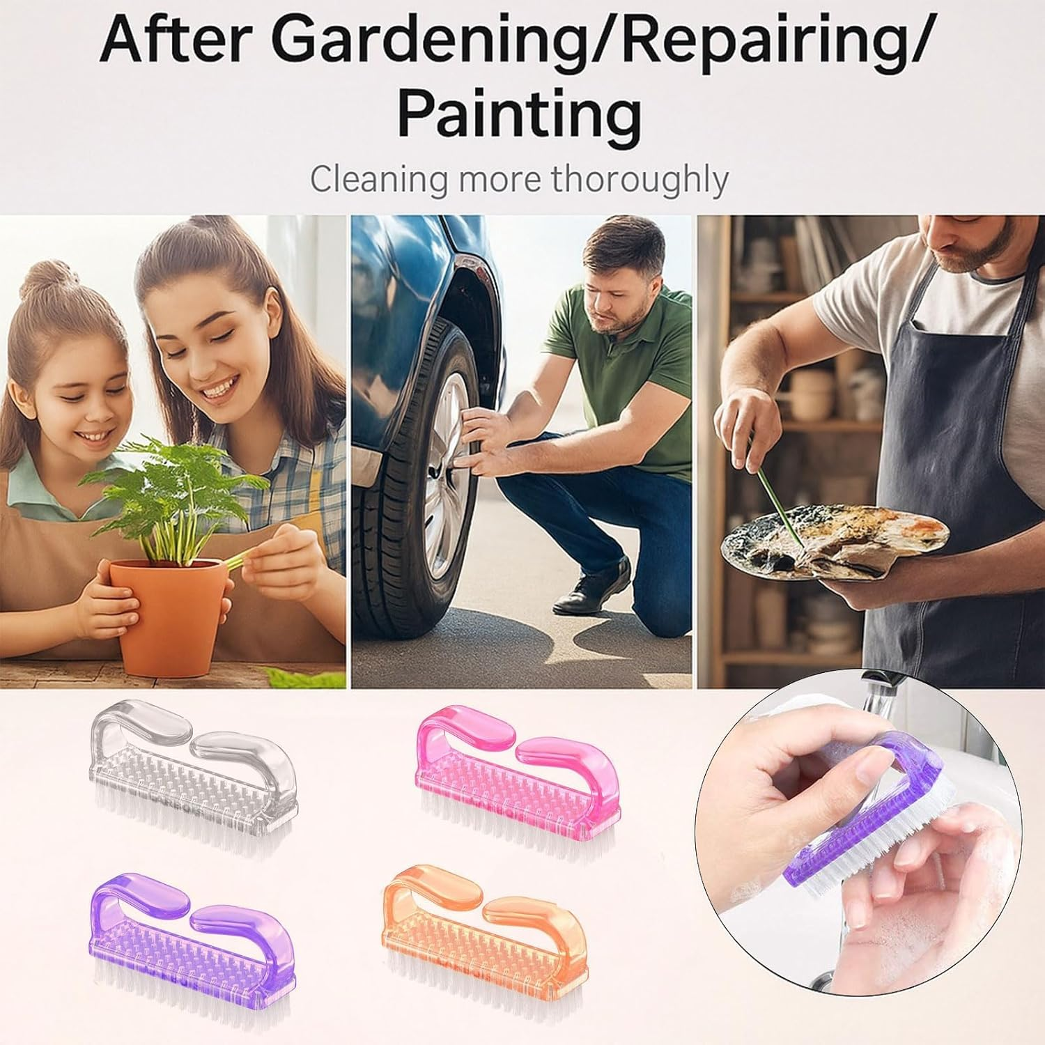 Fengea Handle Grip Nail Brush 4 Pack Soft Bristle Sturdy Plastic Handle Fingernail Brushes for Men Women Pedicure Manicure Cleaning, Compact Size 8.0 &times; 2.6 &times; 4.0 Cm, Assorted Bright Colours image number 3