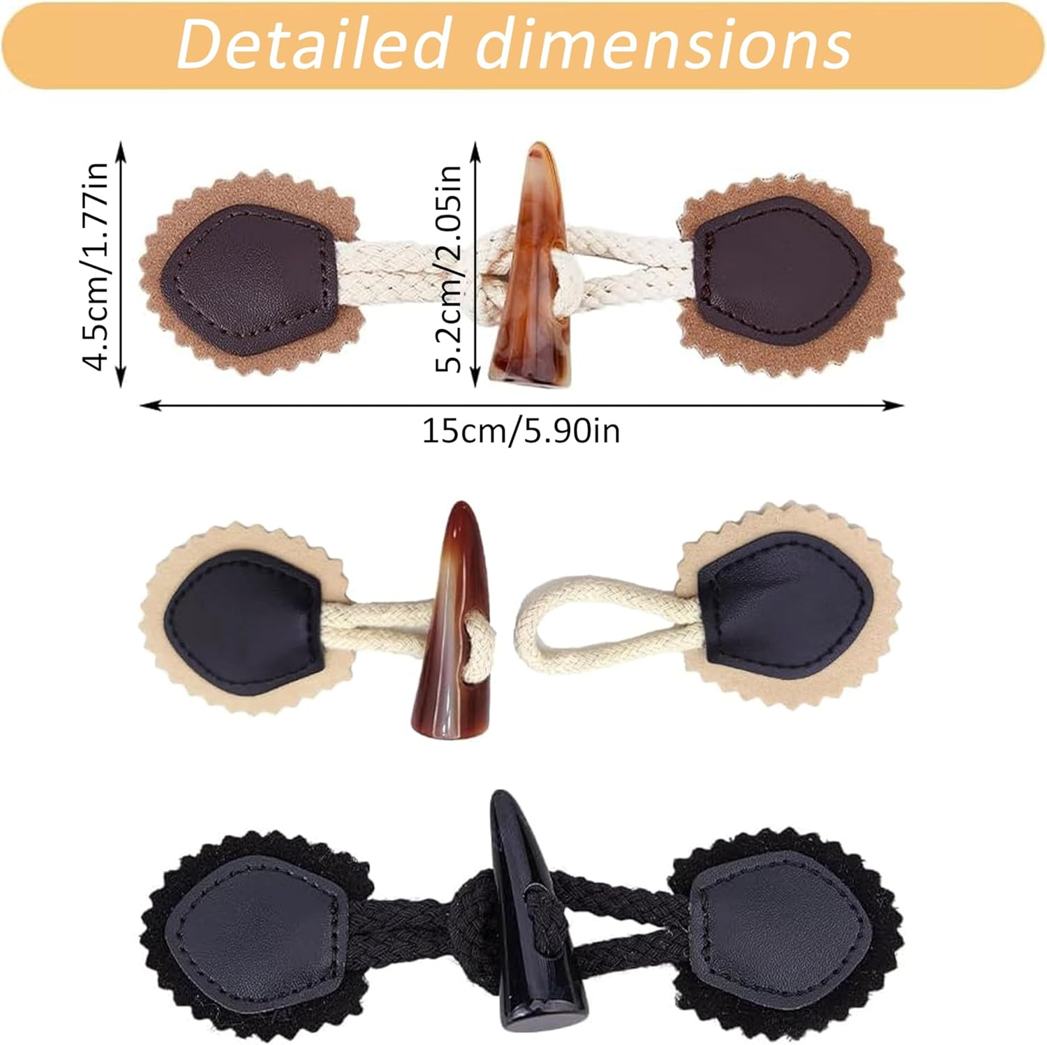 8 Sets Leather Sew-On Toggles Closures with Resin Horn Button Sewing Accessories,For Coat Clothing,Knitwear,Windbreaker,Padded Jacket,Down Jacket,Clothing Buttons Replacement Kit(3 Colors) image number 6