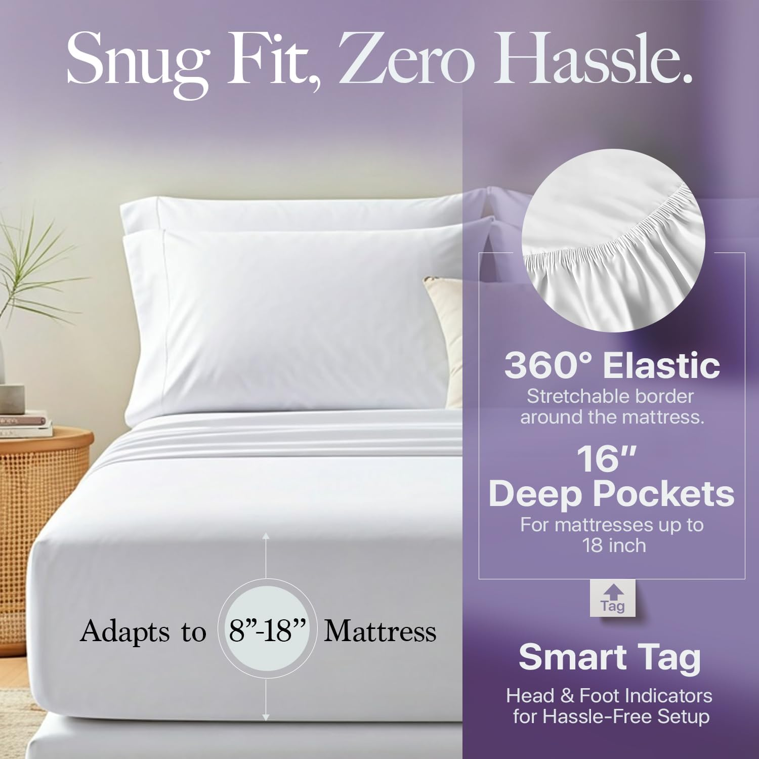 Carressa Linen 100% Egyptian Cotton King Size Sheets Set - 600 Thread Count Egyptian Cotton Sheets King Size (4 PC, Crisp White), Soft, Cooling, 16" Deep Pocket Sateen Weave Luxury Bed Sheet image number 3