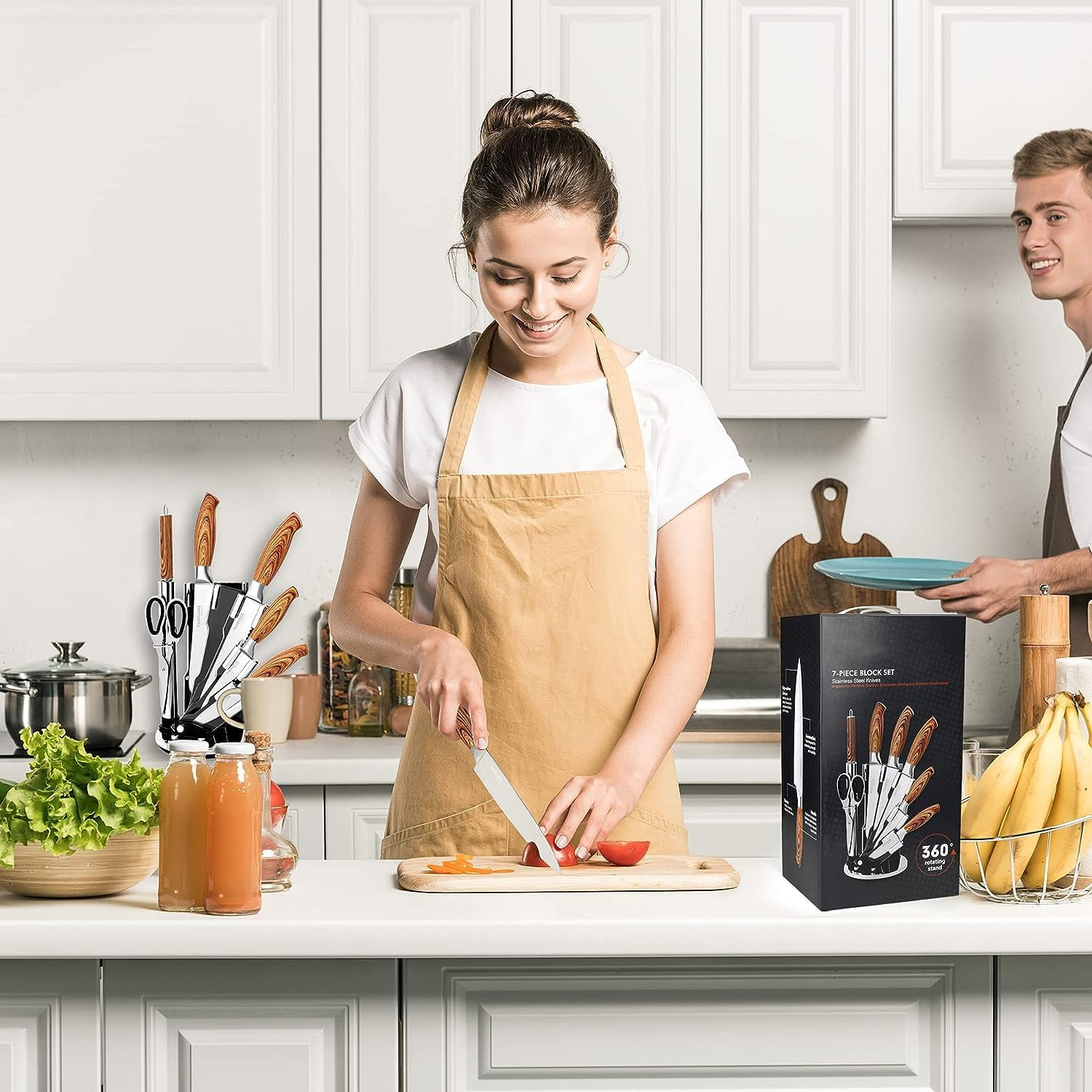 Kitchen Knife Set,6-Pieces Black Sharp Knife Set for Kitchen, Non-Stick Non-Slip Stainless Steel Chef Knife Set with Universal Knife Block Suitable for Home Restaurant (Wooden Handle Steel) image number 6